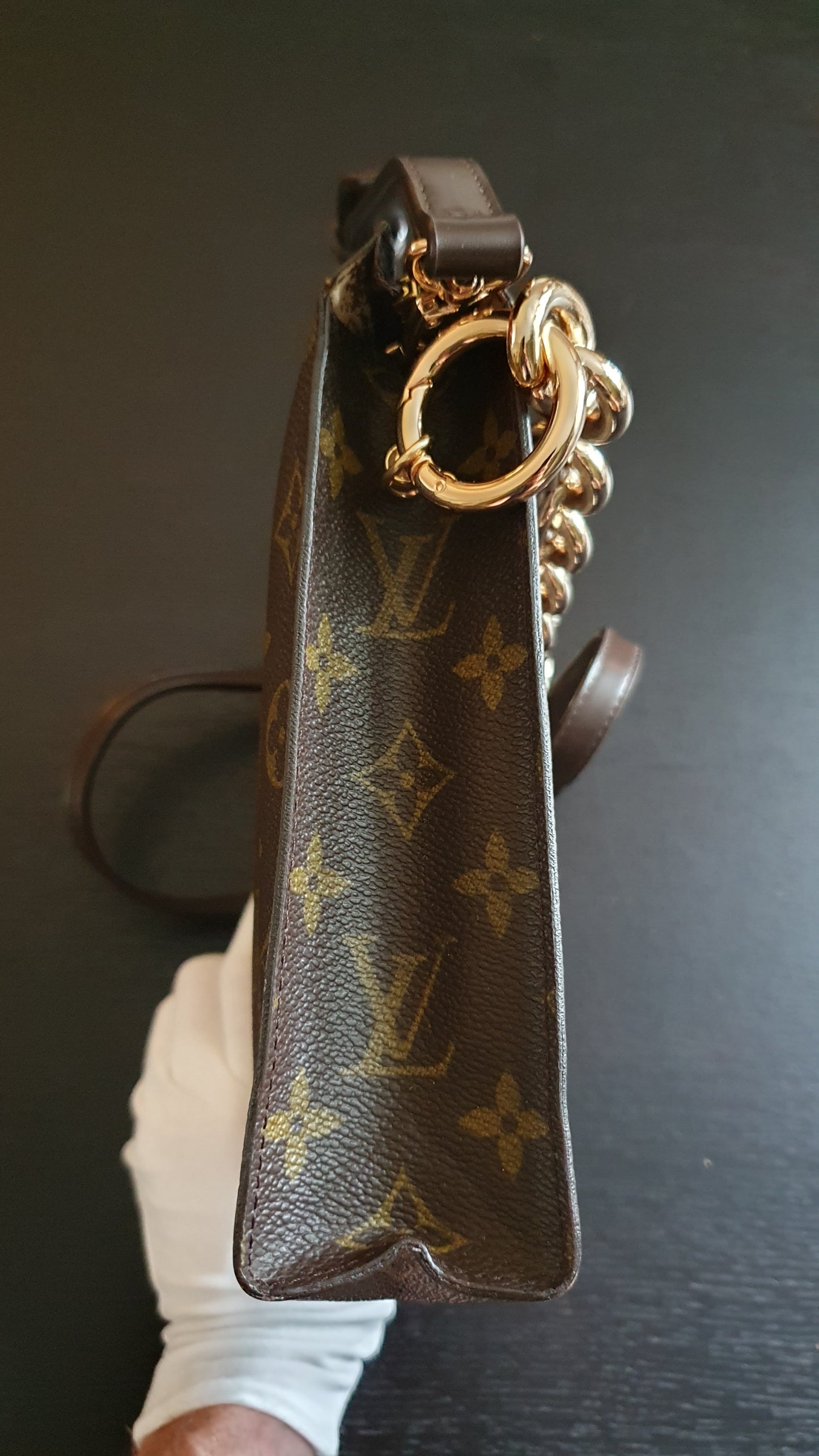 Authentic Vintage Louis Vuitton Upcycle Toiletry Pouch (with grey insert) with Chain & Strap