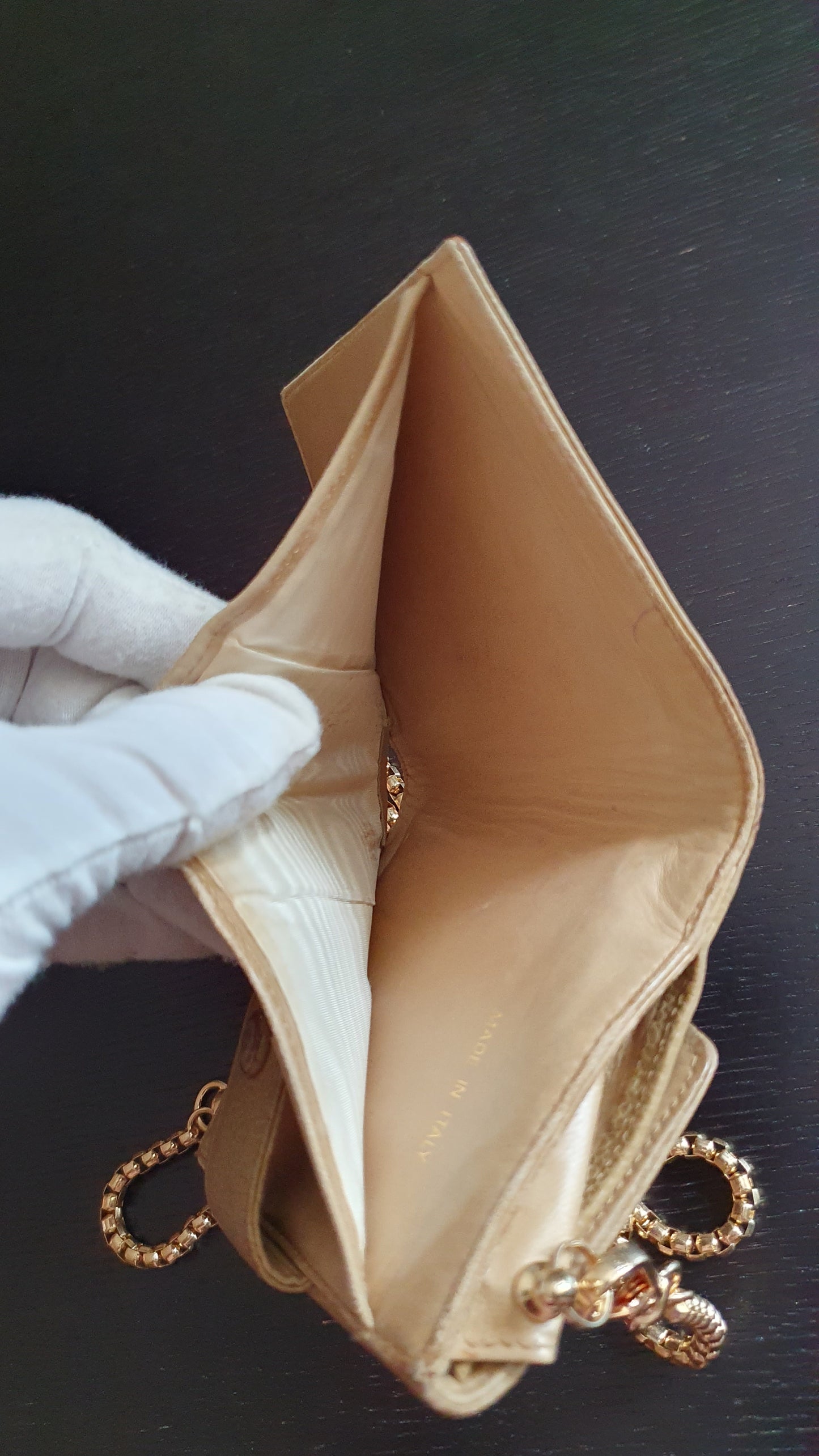 Authentic Chanel Upcycle (Tan) Small Compact Caviar Wallet with Chain