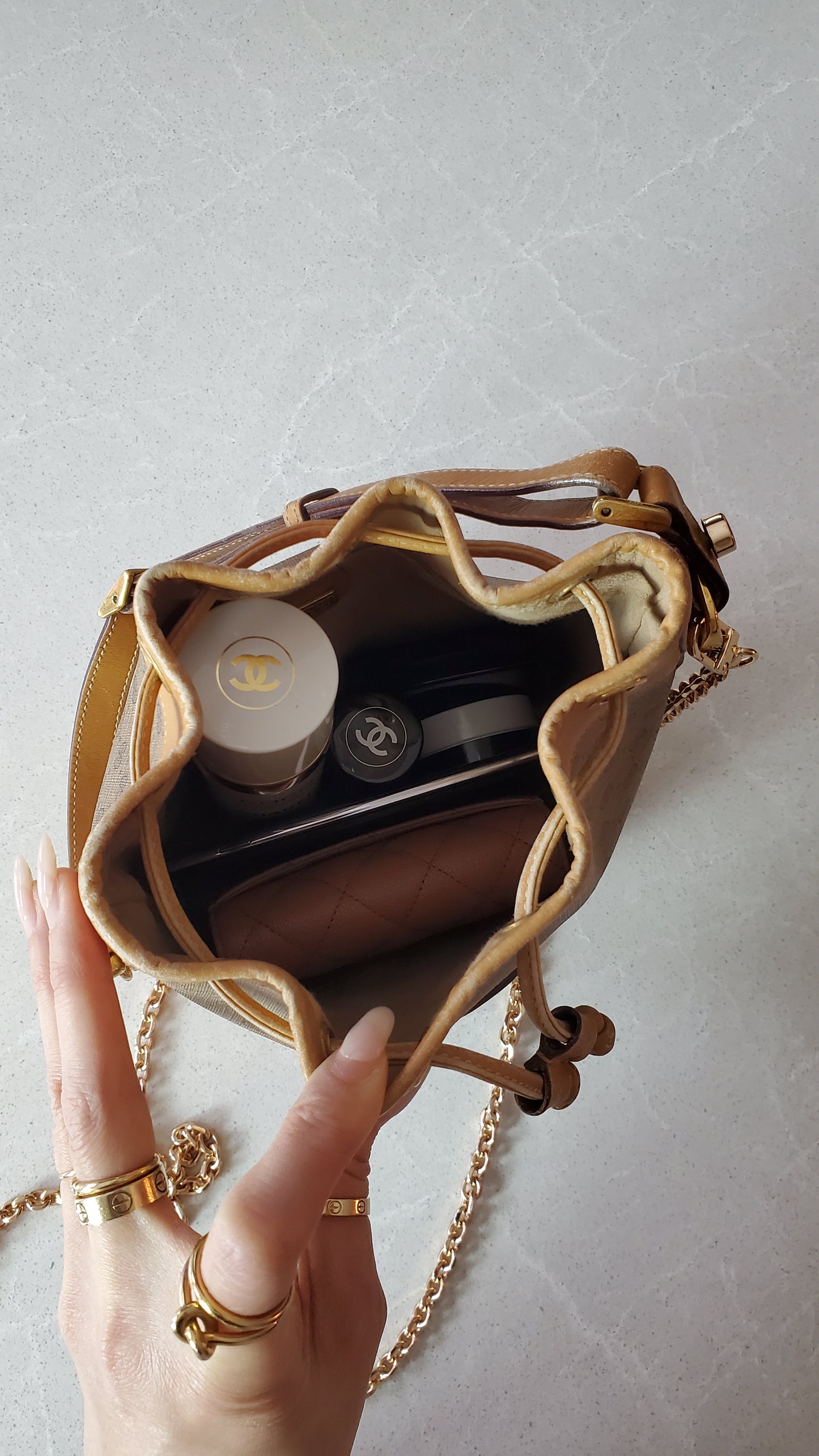 Authentic Vintage Gucci Small Tan Bucket Bag with Chain