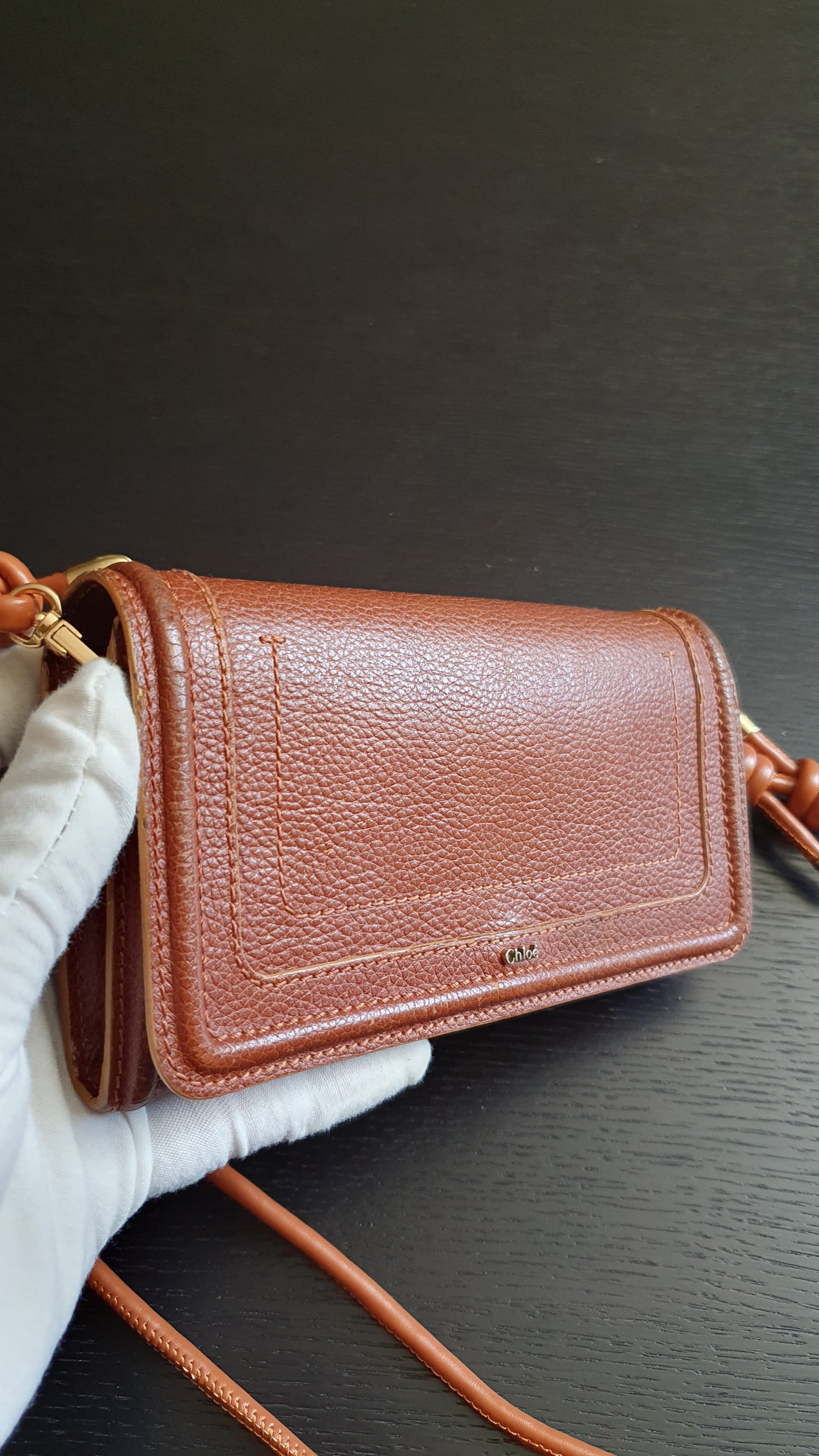 Authentic Chloe Upcycle Brown Leather Long Wallet with Strap