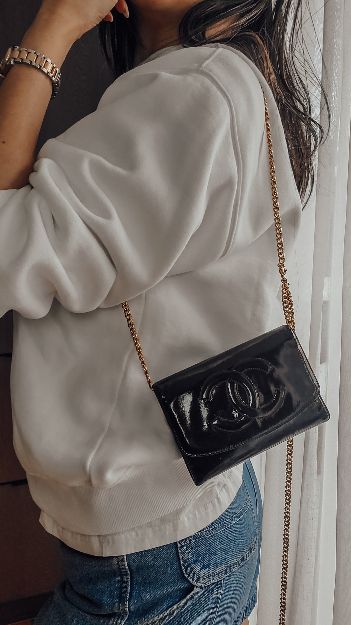 Authentic Vintage Chanel Upcycle Black Patent Compact Wallet on Chain