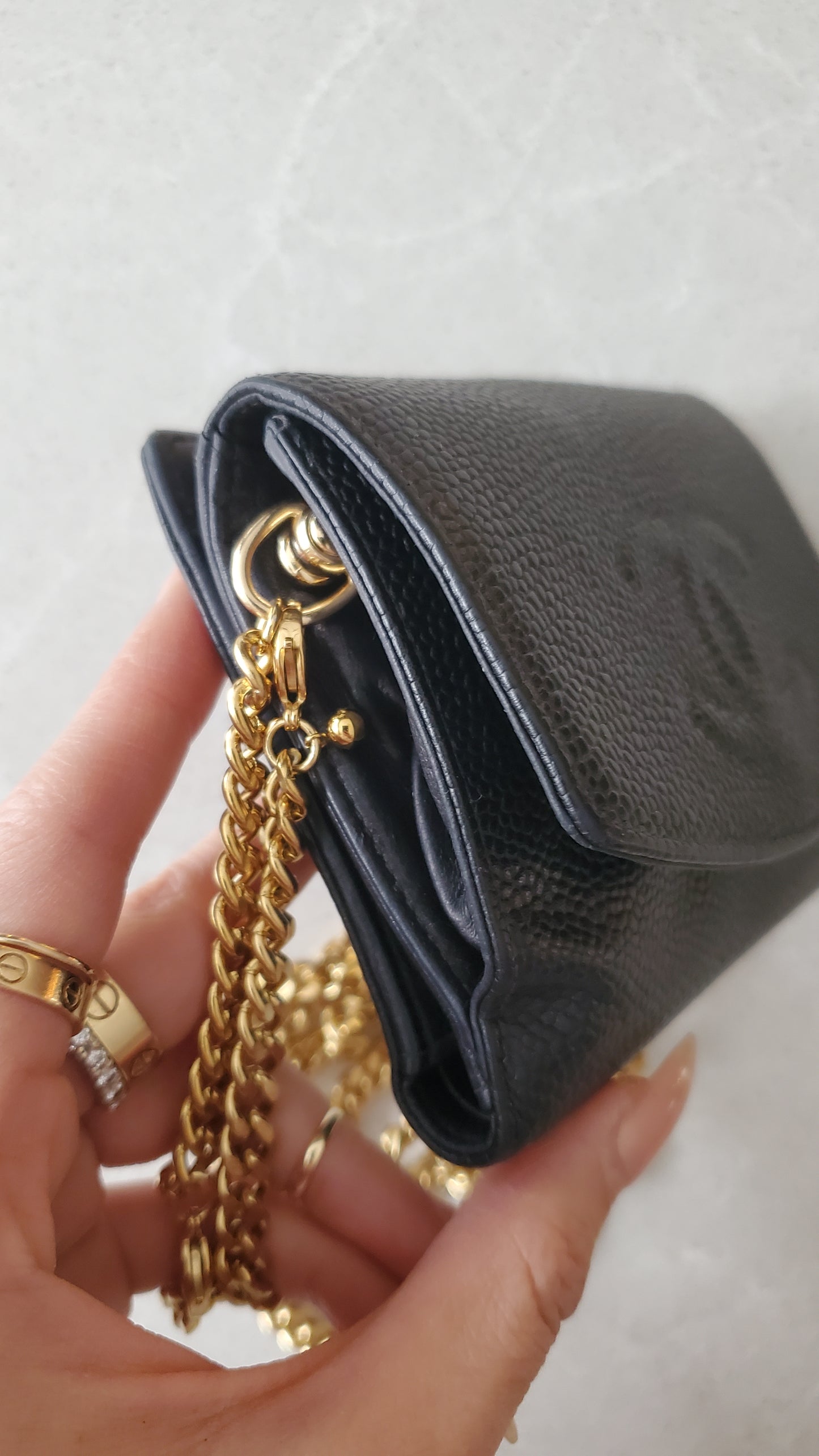 Authentic Vintage Chanel Upcycle Black Caviar Compact Wallet on Chain