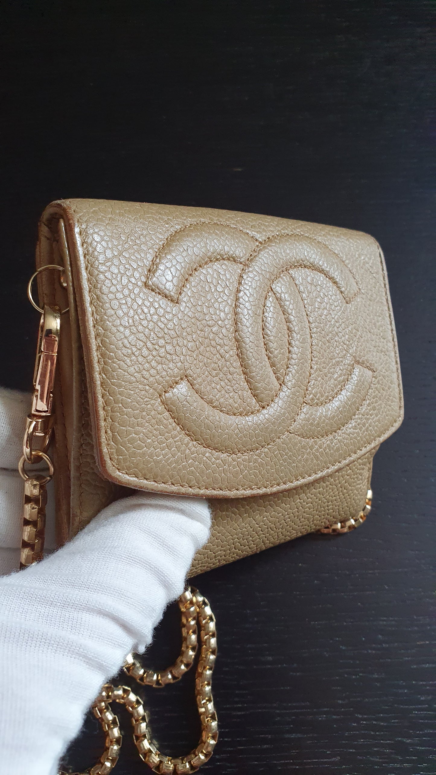 Authentic Chanel Upcycle (Tan) Small Compact Caviar Wallet with Chain