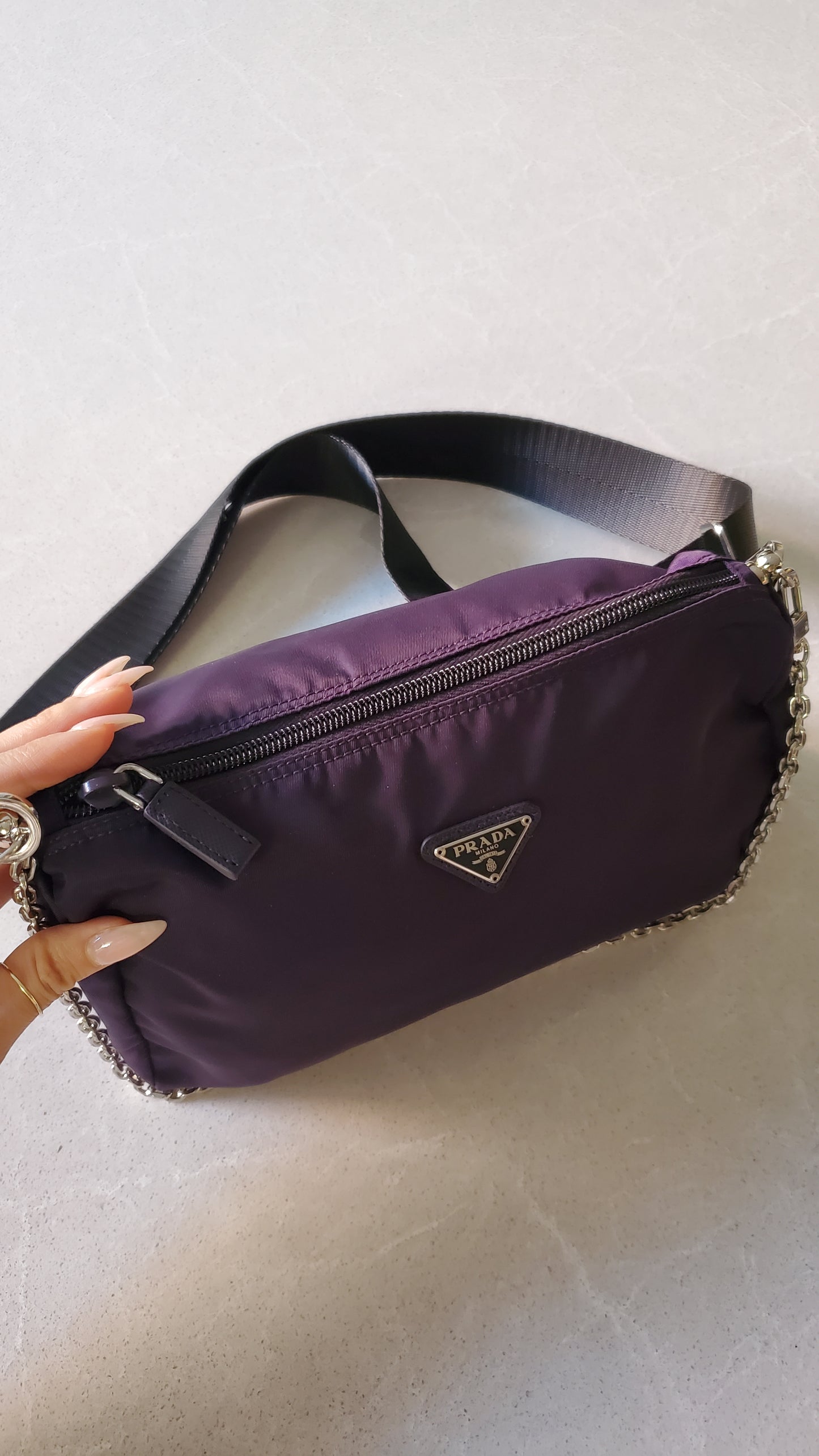 Authentic Prada Upcycle Purple Nylon Medium Size Pouch on Chain & Strap