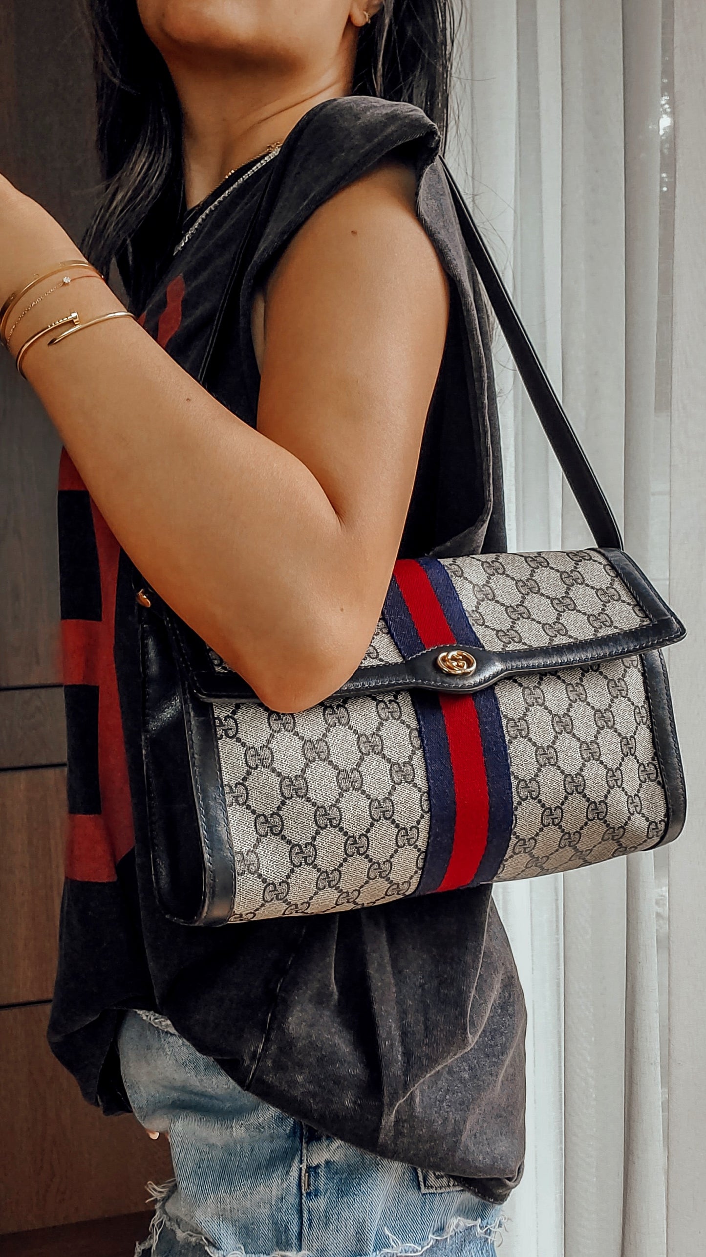 Authentic Vintage Gucci Upcycle (Dark Navy) Large Purse with Shoulder Strap