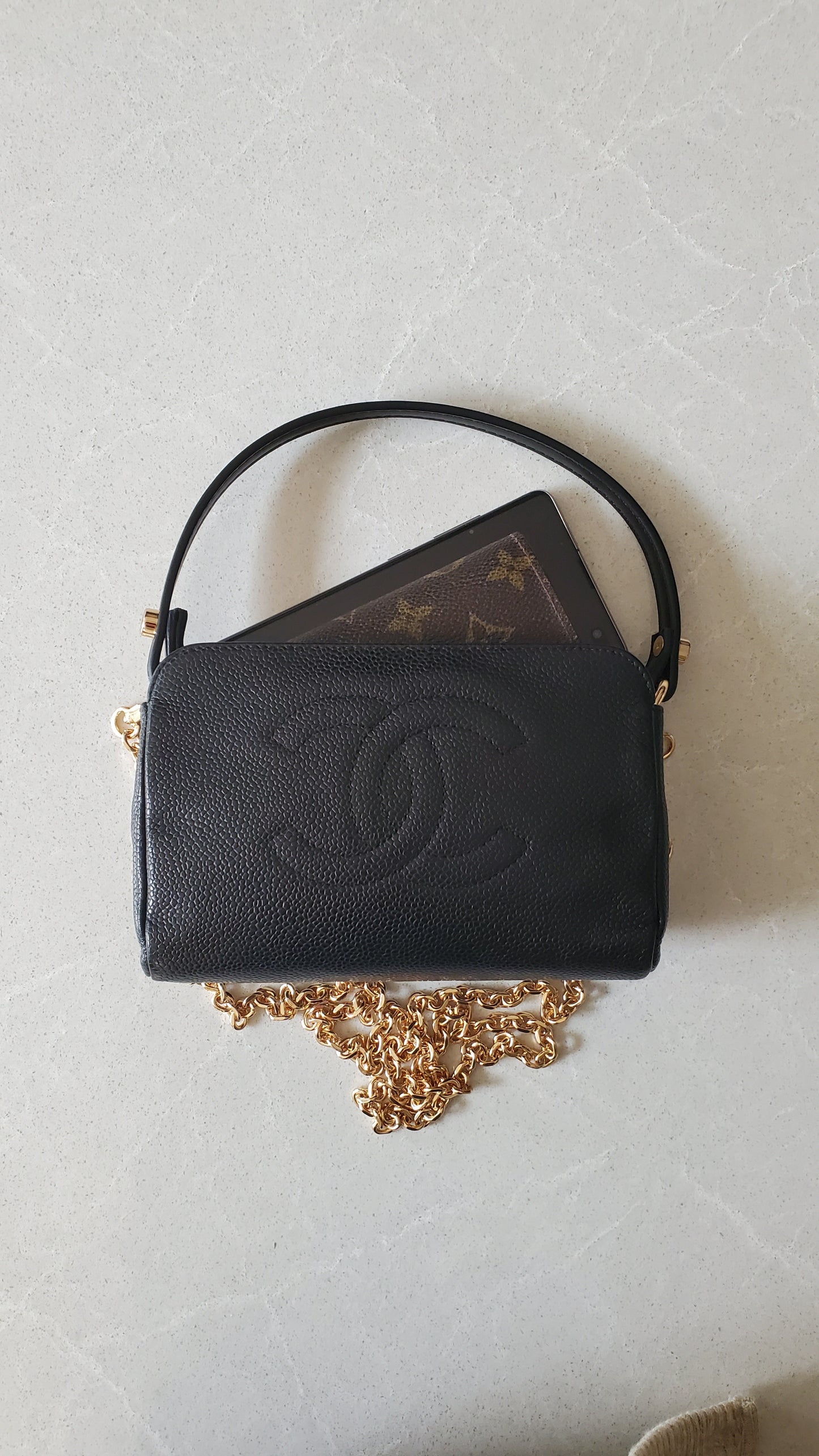 Authentic Vintage Chanel Caviar Perfect Size Upcycle Pouch/ Purse with Handle Strap & Chain