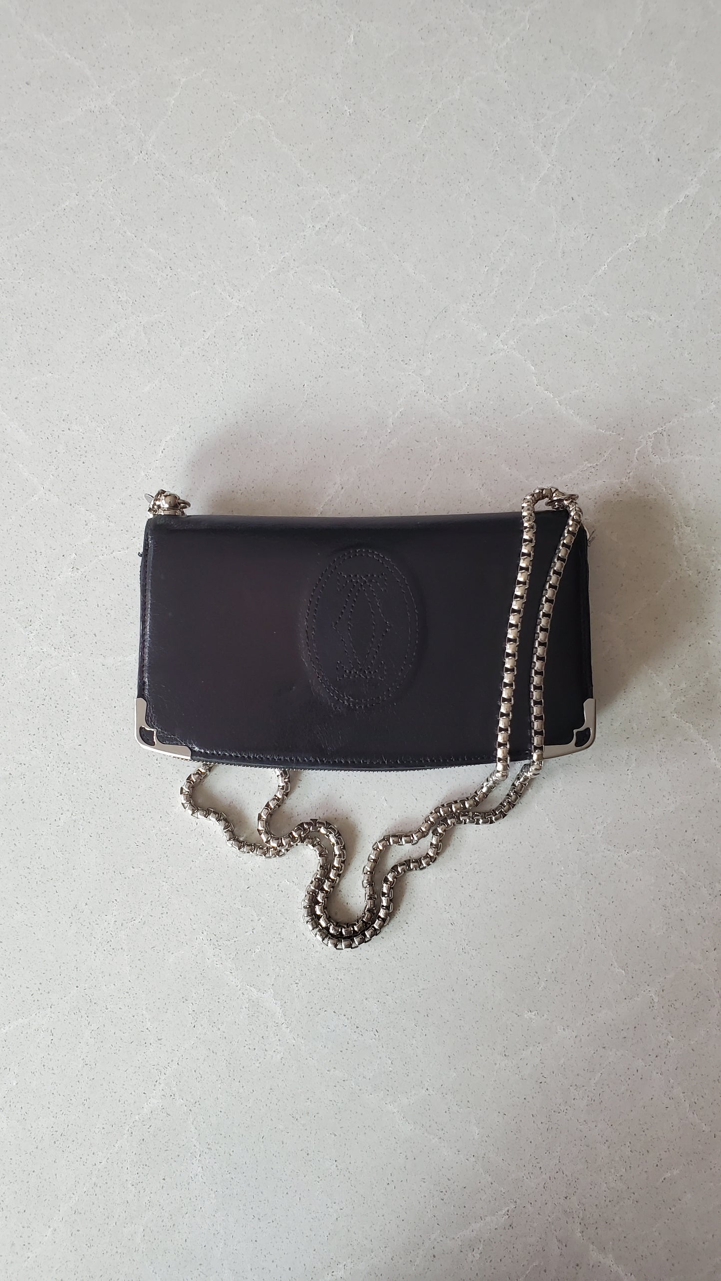 Authentic Vintage Cartier Upcycle Black Leather Wallet with Chain