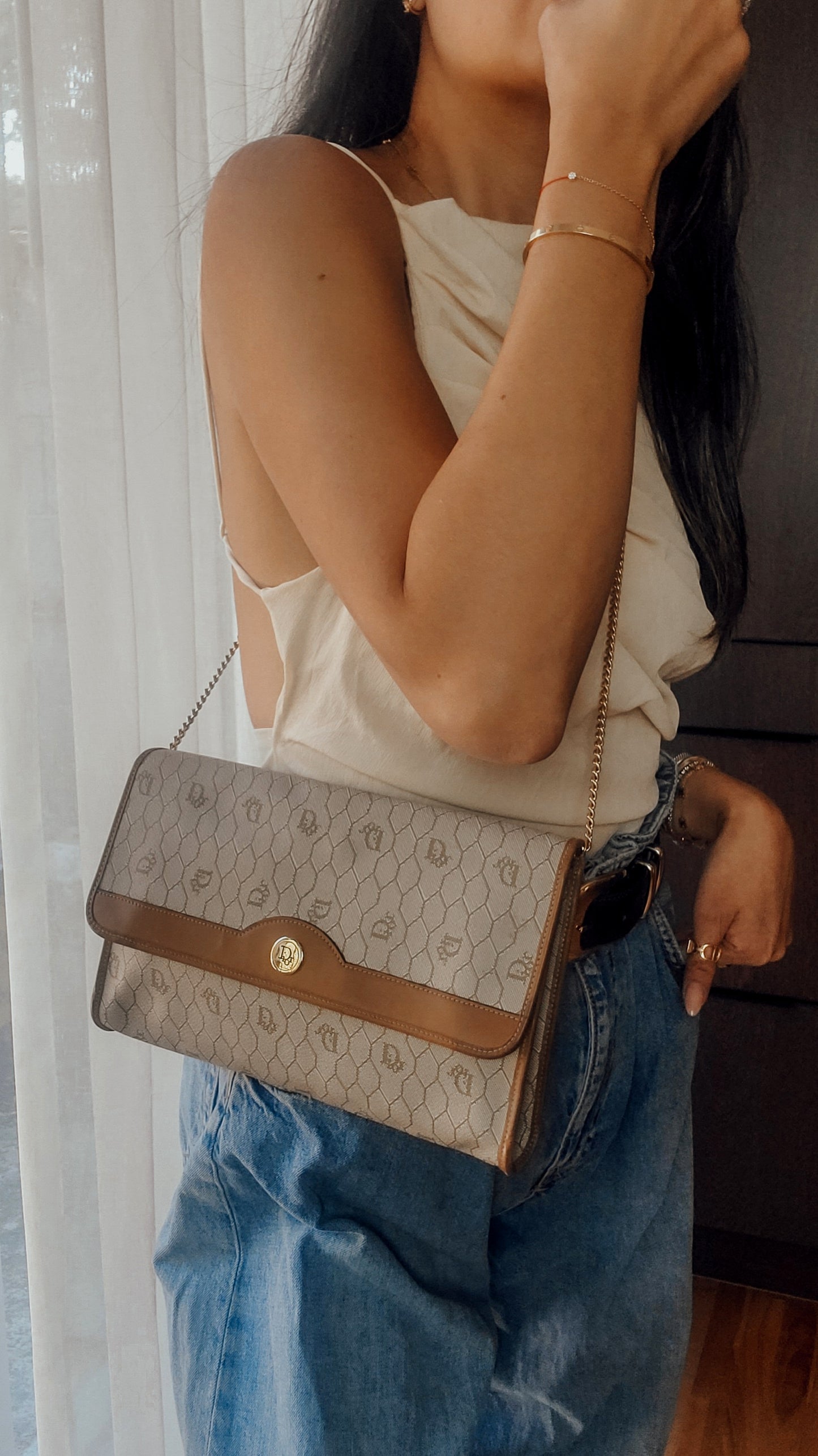 Authentic Vintage Dior Tan Purse with Versatile Chain