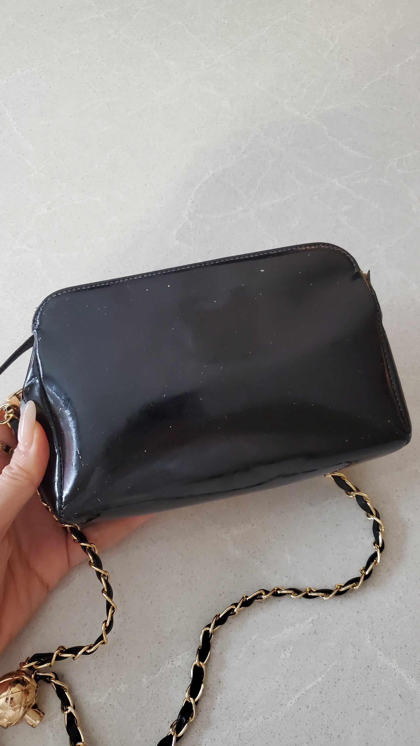 Authentic Vintage Chanel Upcycle Black Patent Pouch with Chain
