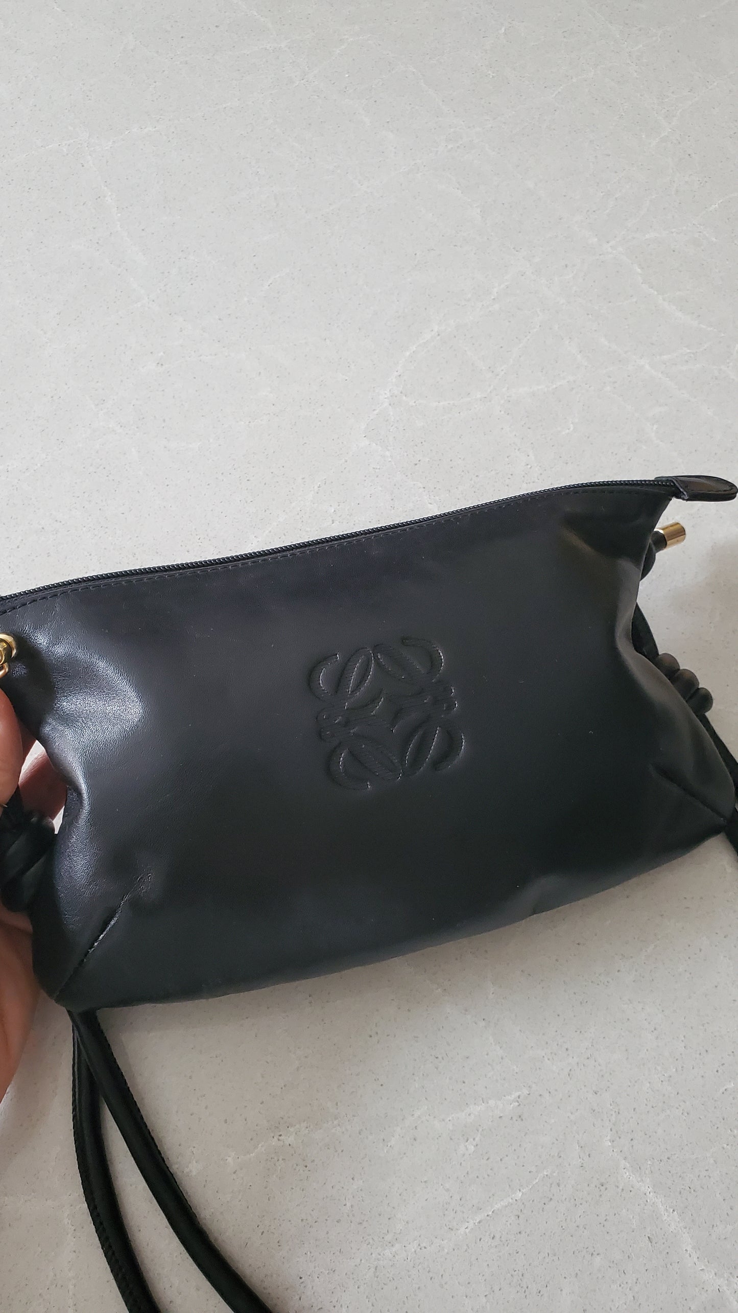 Authentic Vintage Loewe Upcycle Black Leather Perfect Size Pouch with Strap