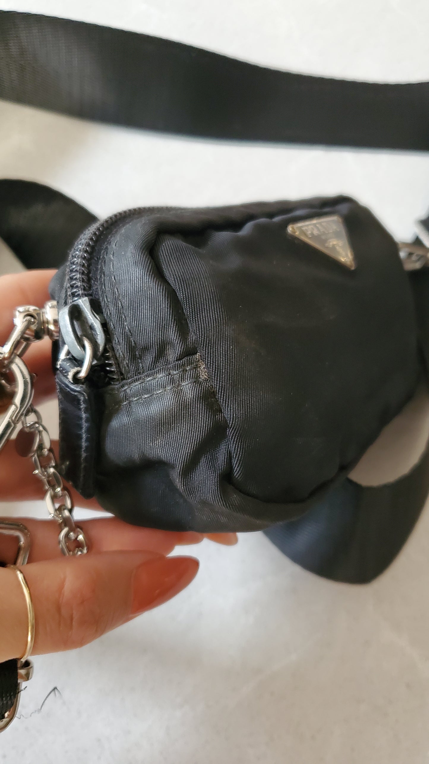 Authentic Prada Upcycle Versatile Black Nylon Mini Pouch on Chain & Strap