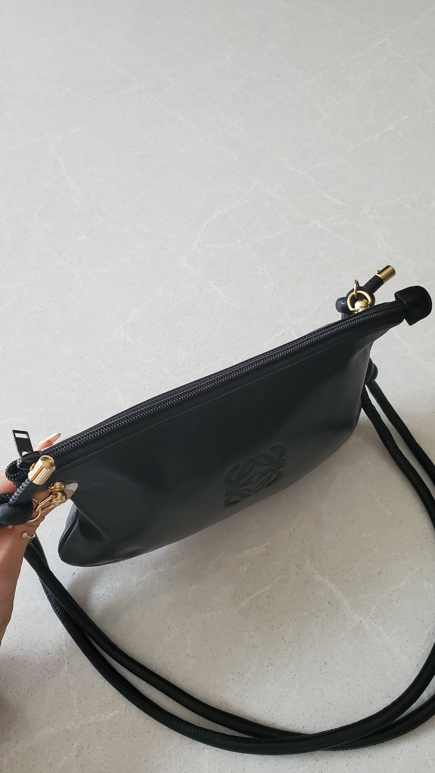 Authentic Vintage Loewe Upcycle Black Leather Perfect Size Pouch with Strap