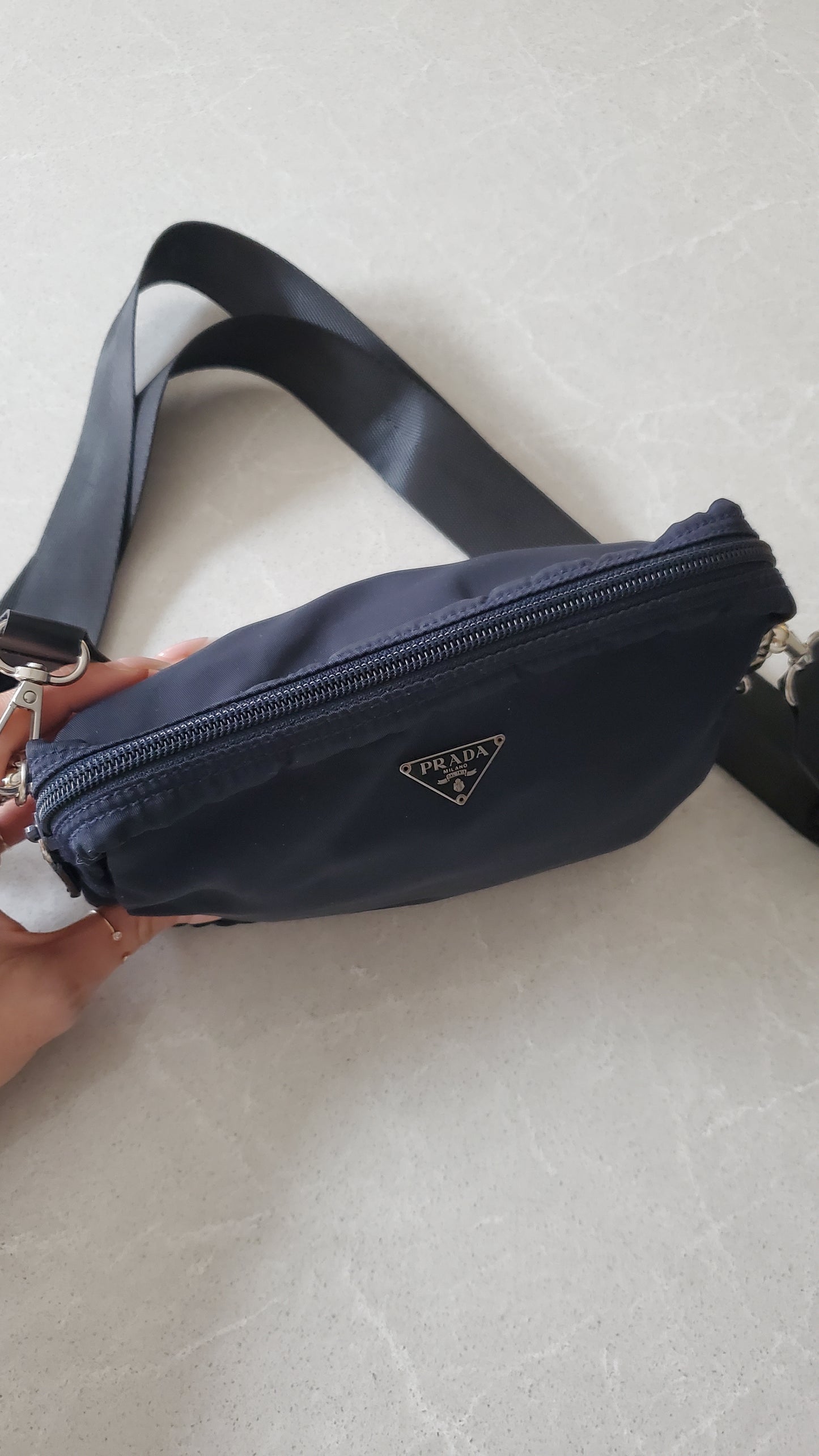 Authentic Prada Upcycle (Dark Navy) Nylon Pouch on Chain & Strap