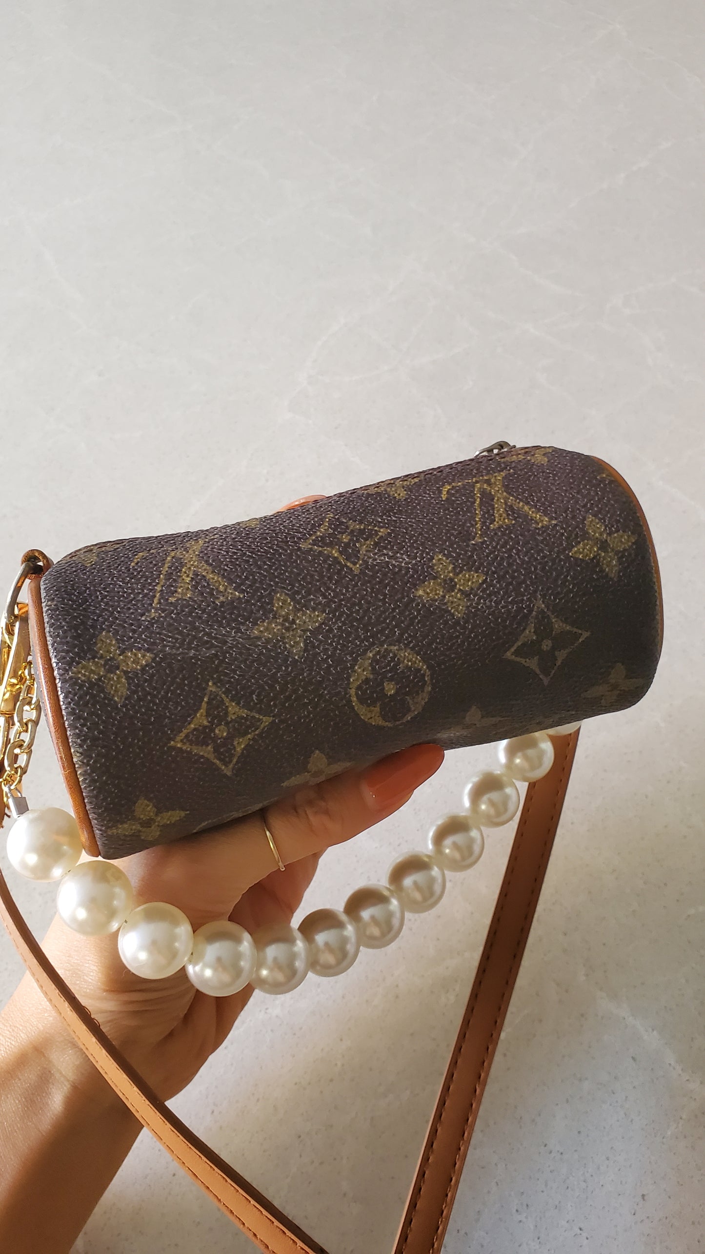 Authentic Vintage Louis Vuitton Upcycle Round Brown Monogram Pouch on Chain & Strap