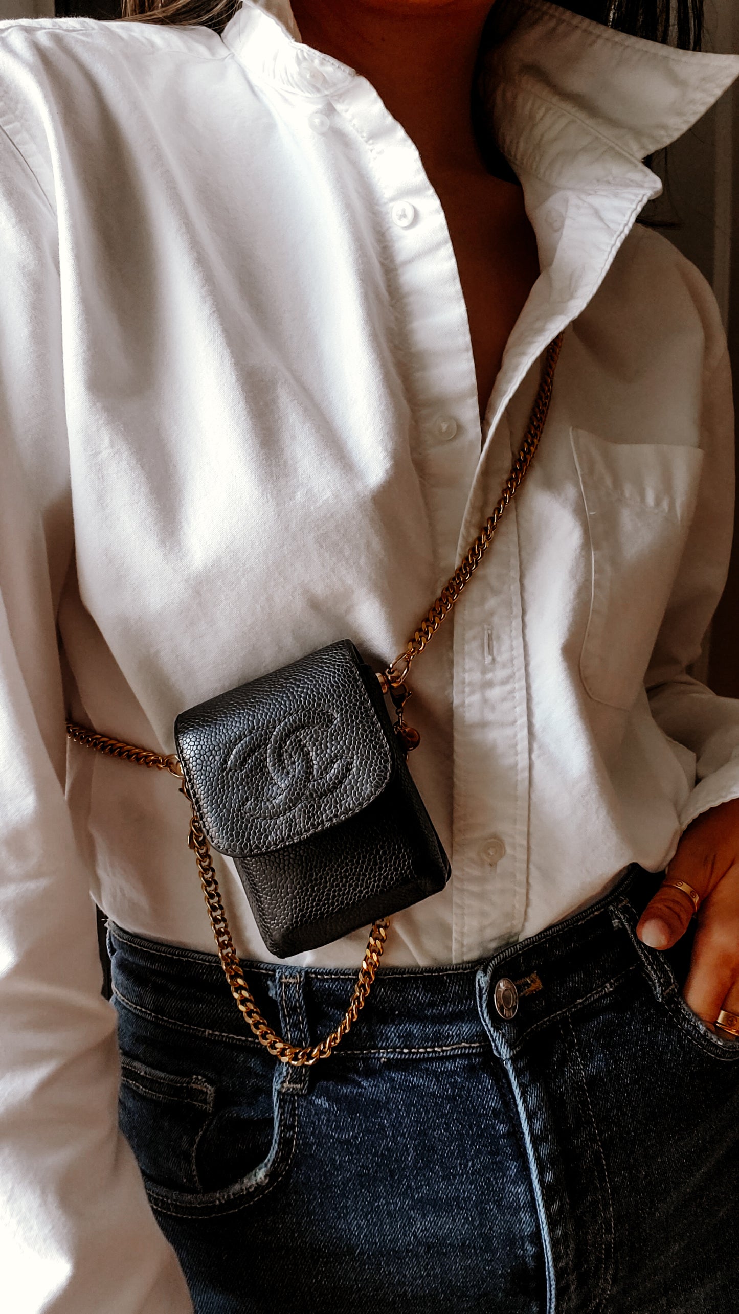 Authentic Vintage Chanel Upcycle Versatile Black Caviar Small Pouch on Chain