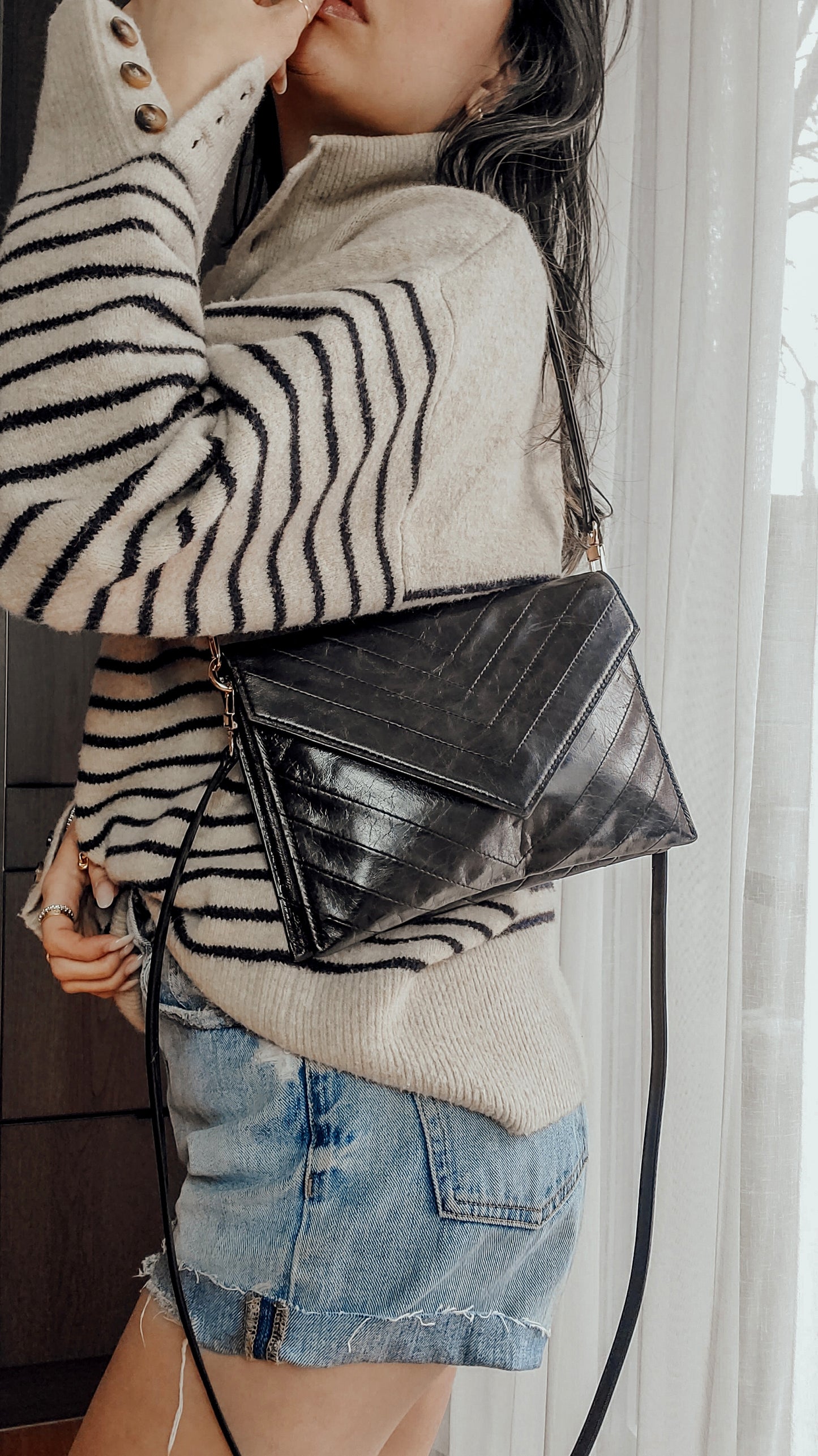 Authentic Vintage YSL Yves Saint Laurent Upcycle Black Leather Multi Compartments Purse with Straps