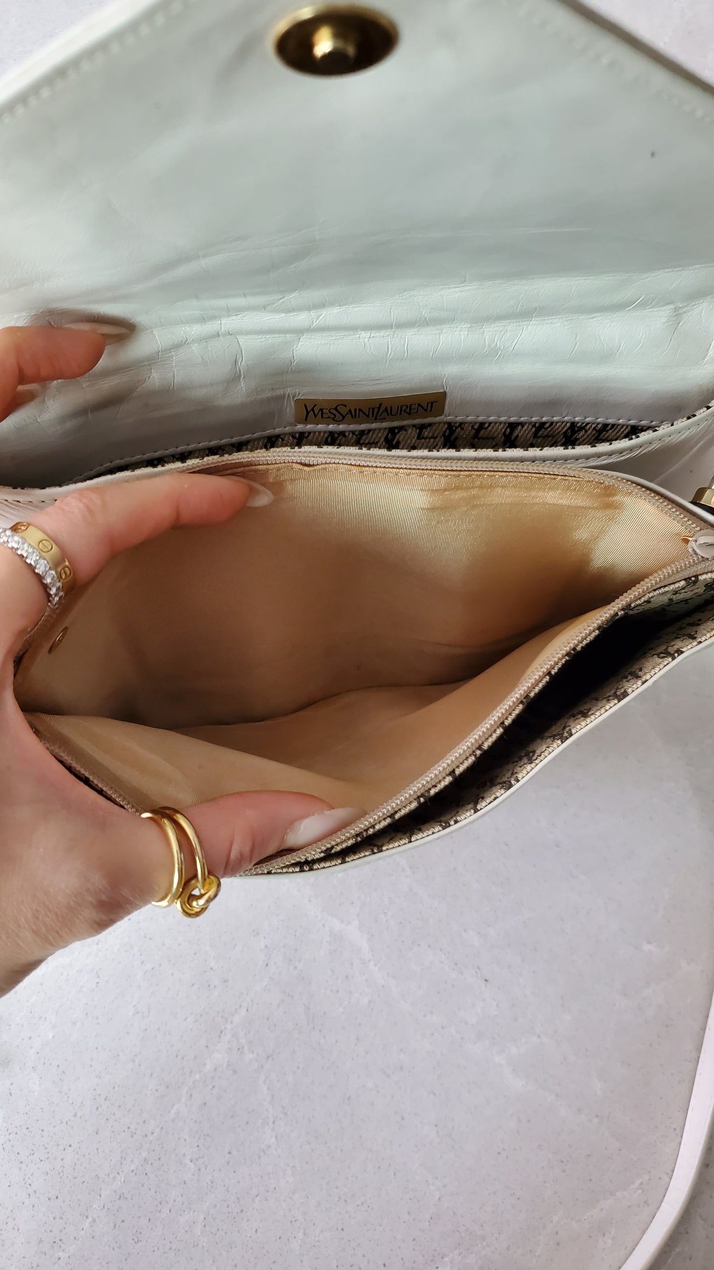 Authentic Vintage YSL Yves Saint Laurent Upcycle White Leather Multi Compartments Purse with Straps