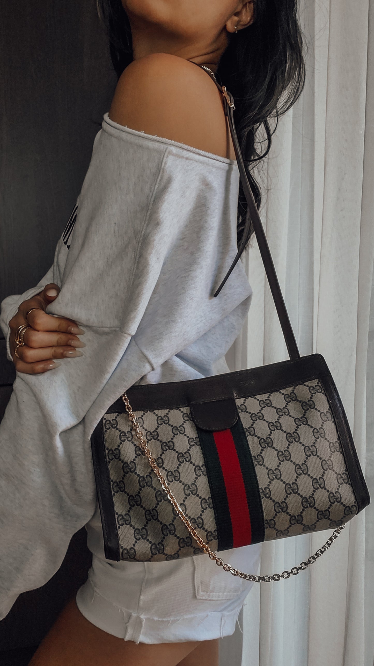 Authentic Vintage Gucci Upcycle Brown Purse (with velcro closing) with Adjustable Strap & Chain