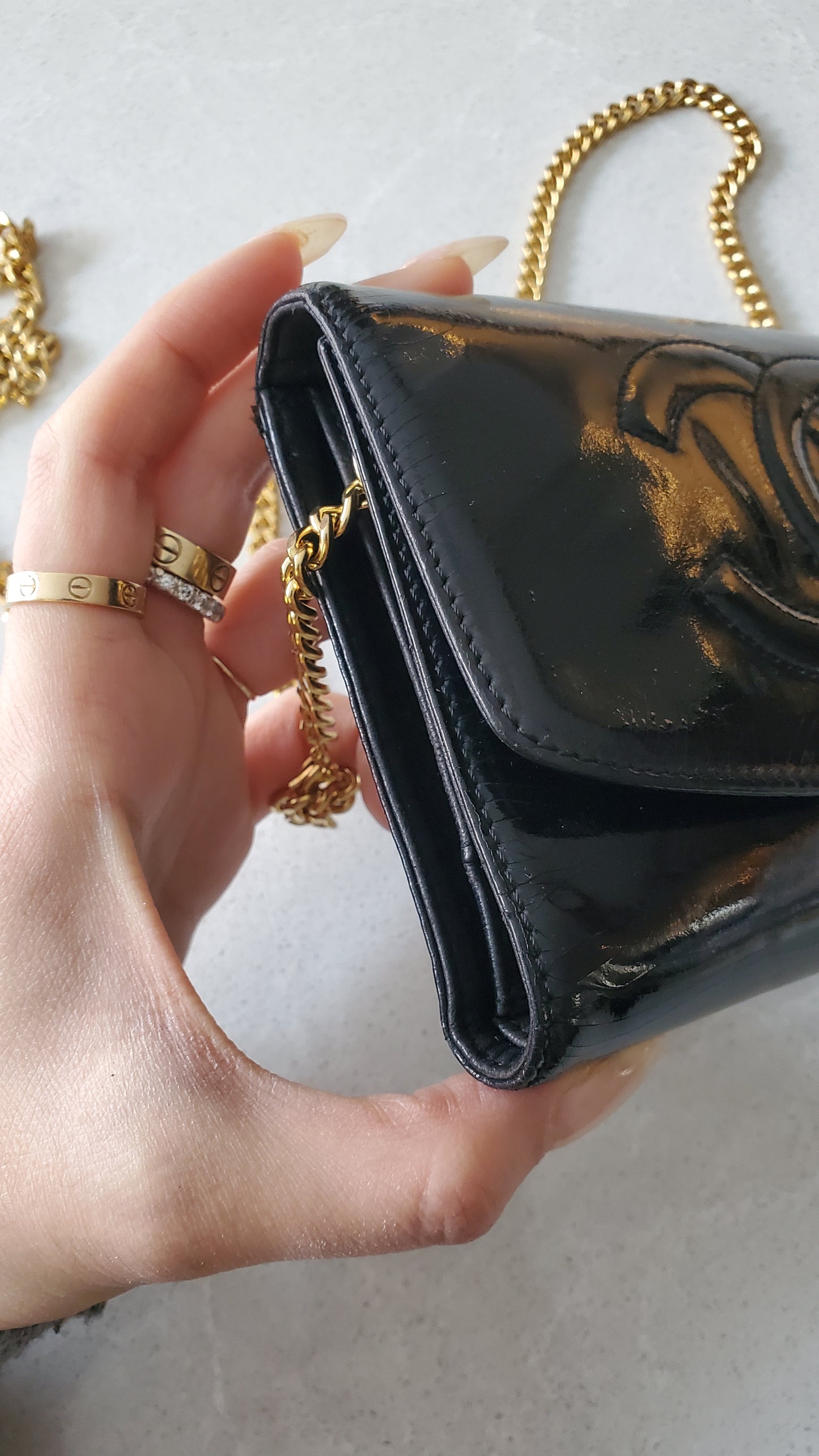 Authentic Vintage Chanel Upcycle Black Patent Compact Wallet on Chain
