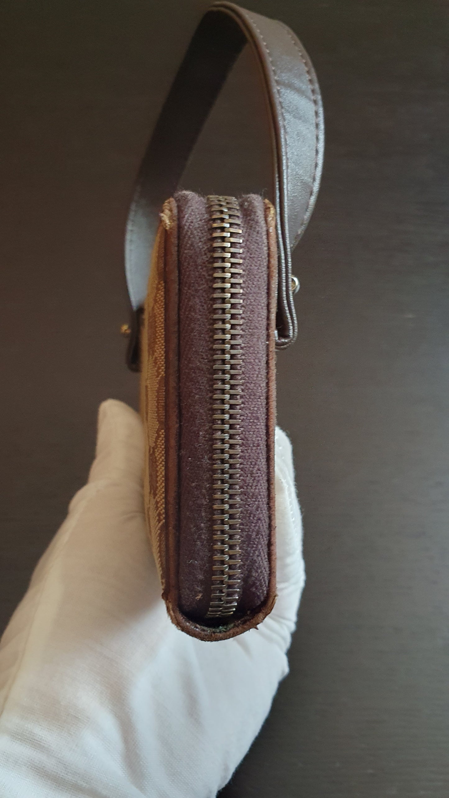 Authentic Vintage Gucci Upcycle Brown Zip Wallet with Single Strap