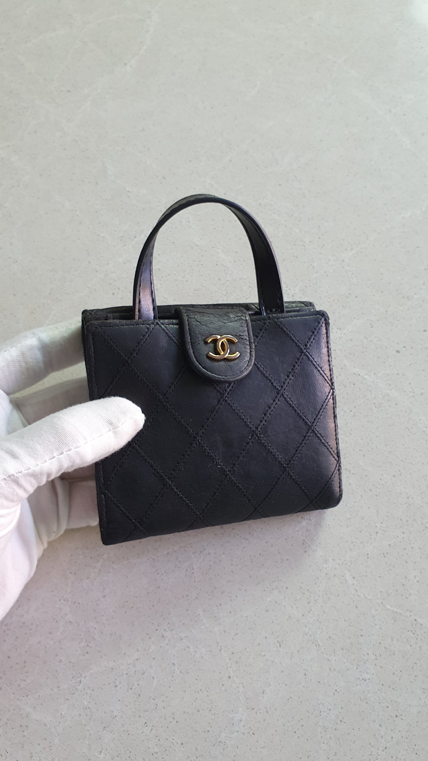 Authentic Chanel Upcycle Small Black Compact Wallet with Single Handle