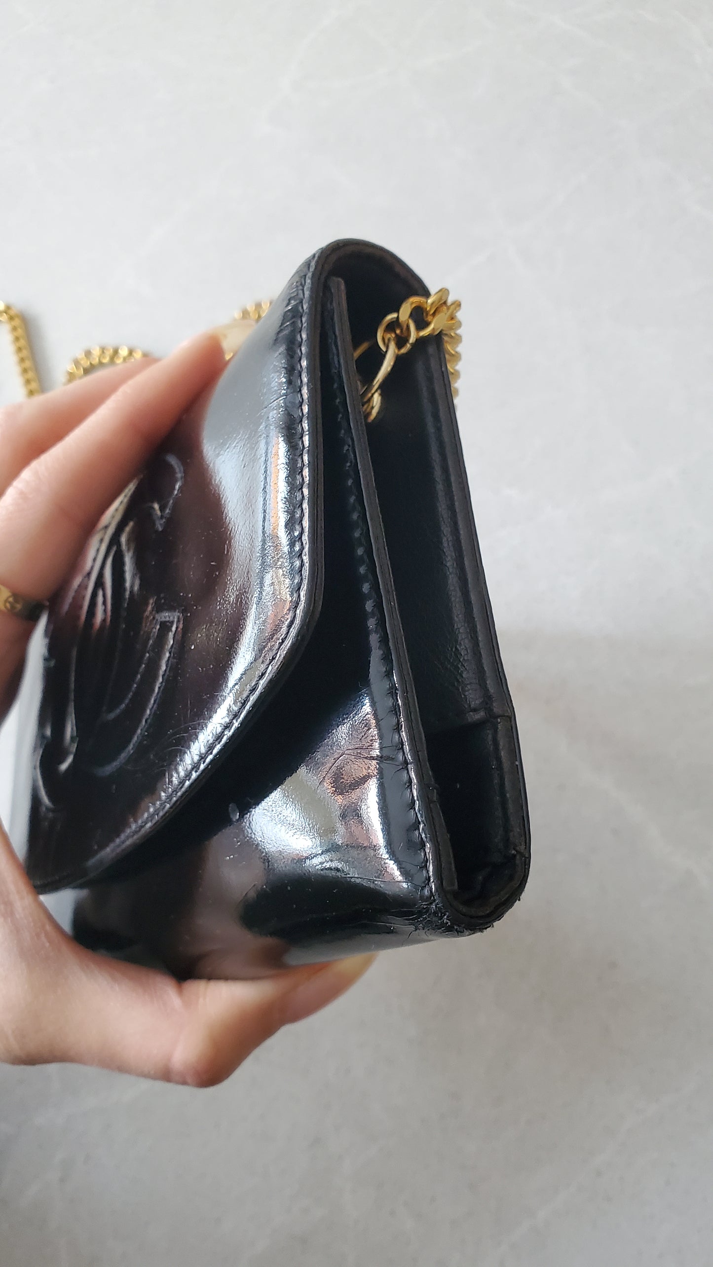 Authentic Vintage Chanel Upcycle Black Patent Compact Wallet on Chain