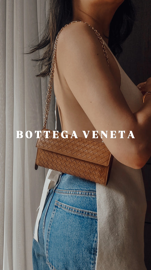 Authentic Bottega Veneta Upcycle Long Tan Leather Wallet on Chains