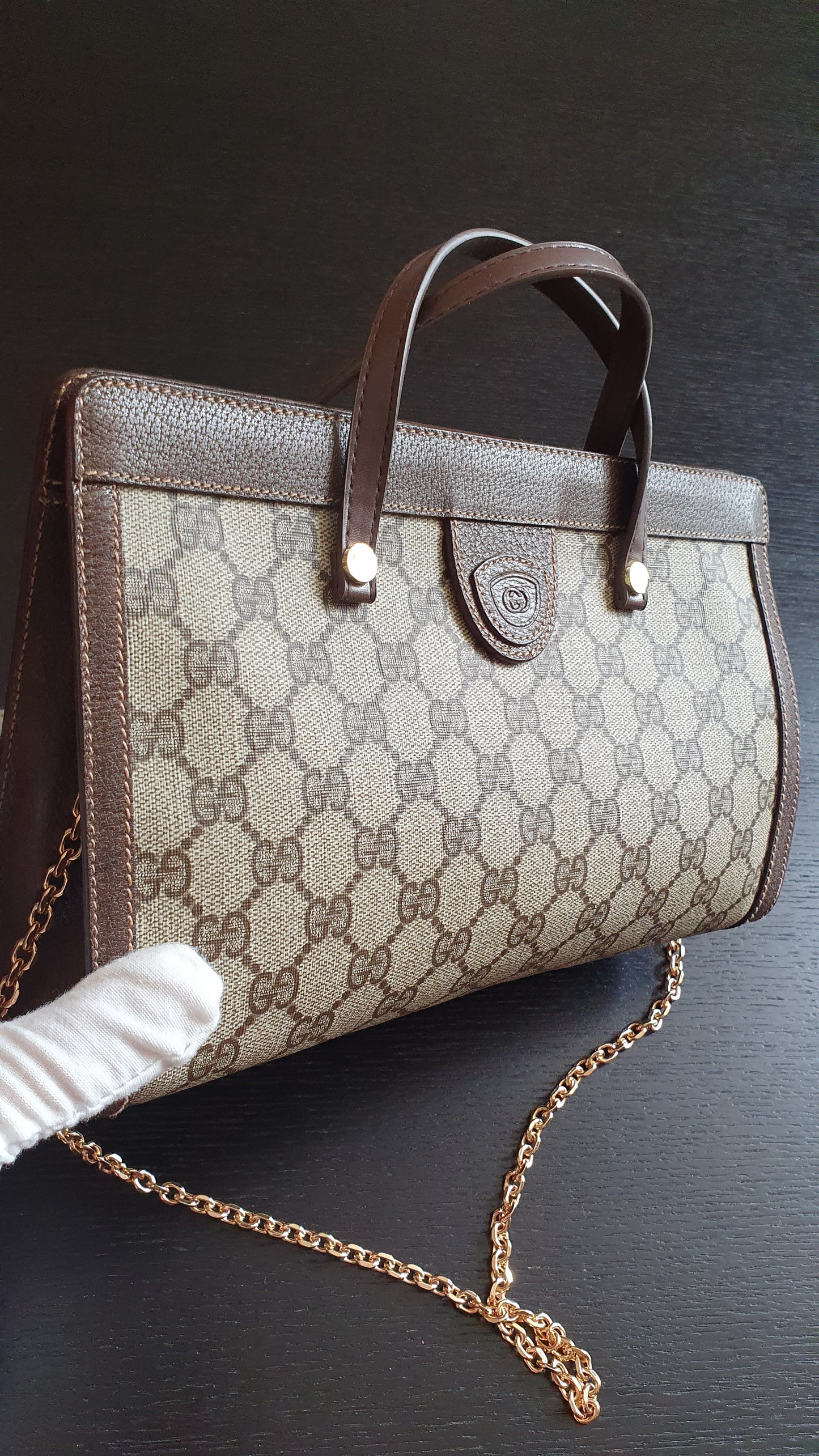 Authentic Vintage Gucci Upcycle Brown Purse (with velcro closing) with Handles & Chain