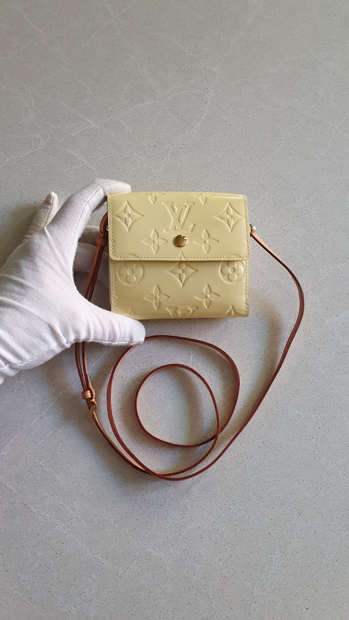 Authentic Louis Vuitton Upcycle Small Yellow Vernis Compact Wallet with Strap