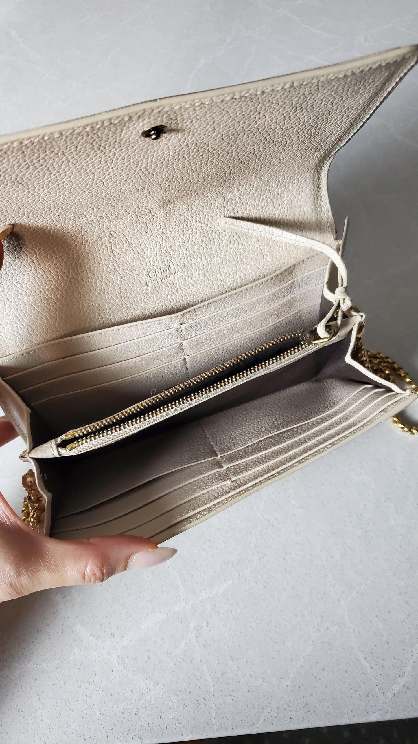 Authentic Chloe Upcycle Cream Leather Wallet with Chain