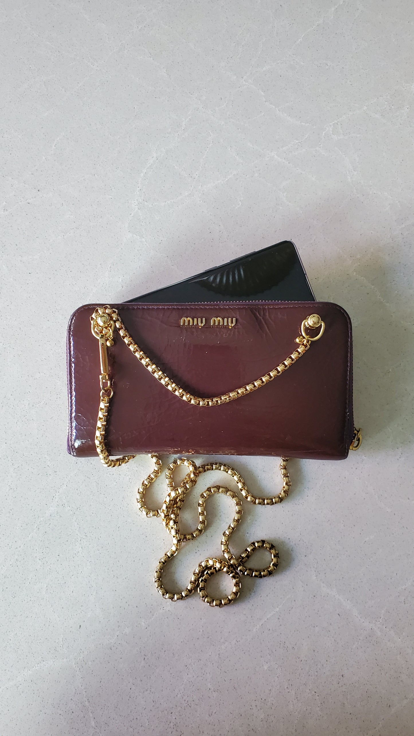 Authentic Miu Miu Upcycle Long Zip Patent Wallet with Chains