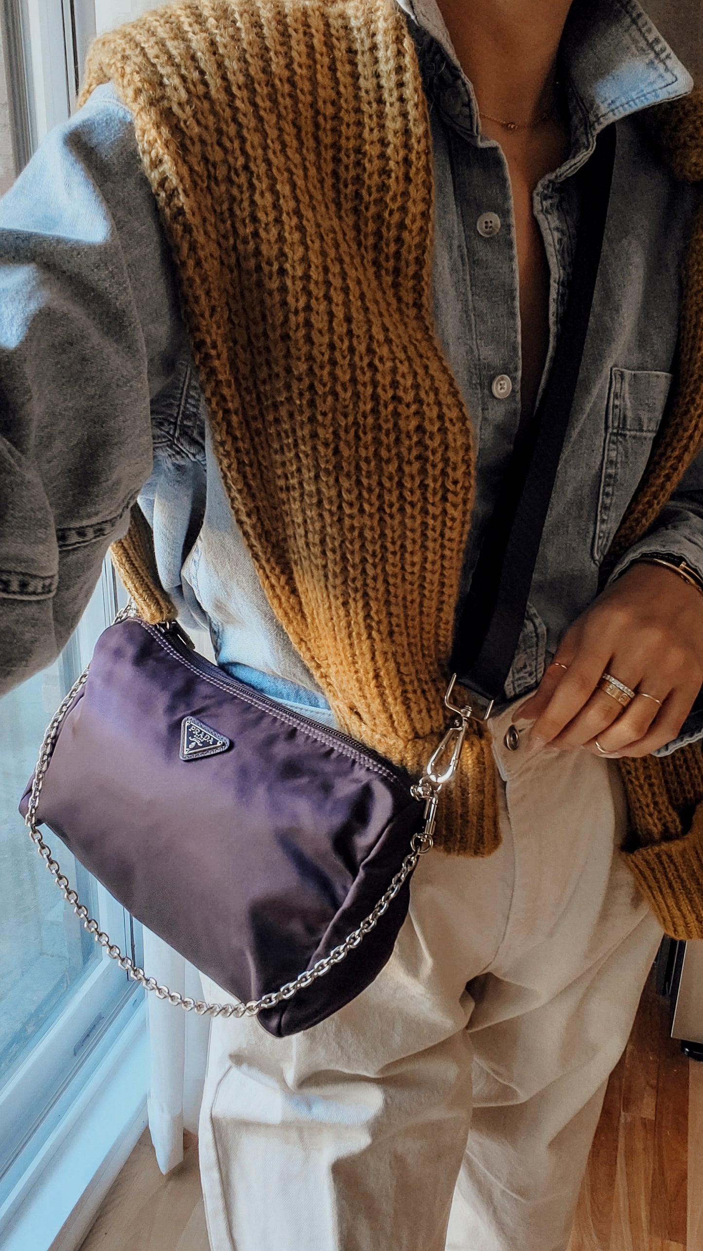 Authentic Prada Upcycle Purple Nylon Medium Size Pouch on Chain & Strap