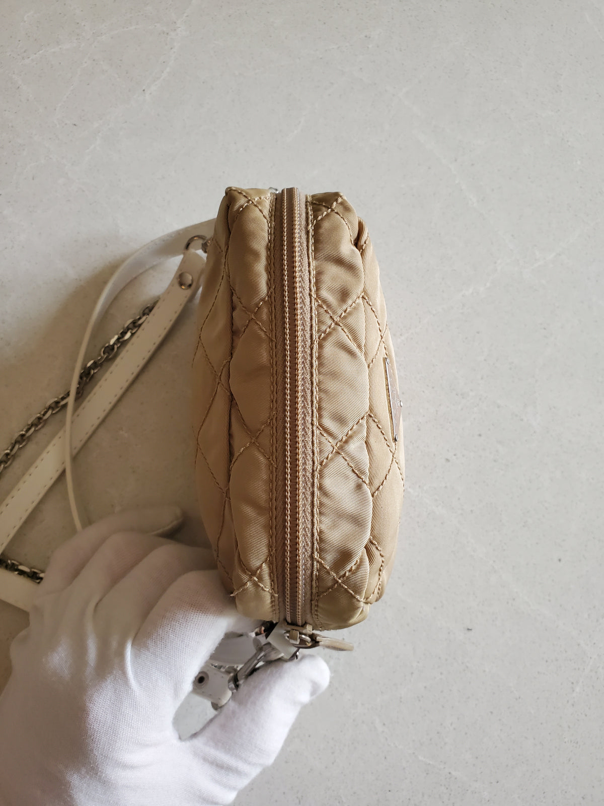 Authentic Prada Upcycle Versatile Beige Nylon Pouch with Chain & Straps (upgraded version)