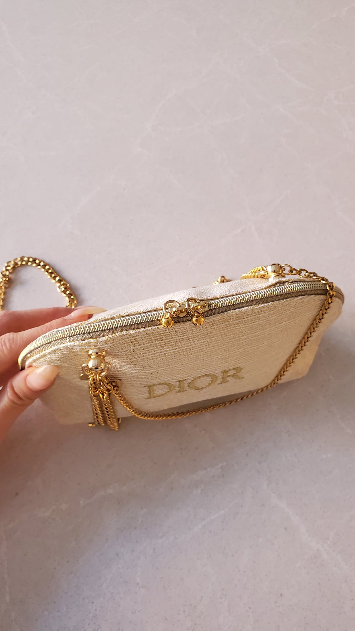 Authentic Dior Upcycle Versatile Gold Holiday Beauty Pouch with Handmade Chains