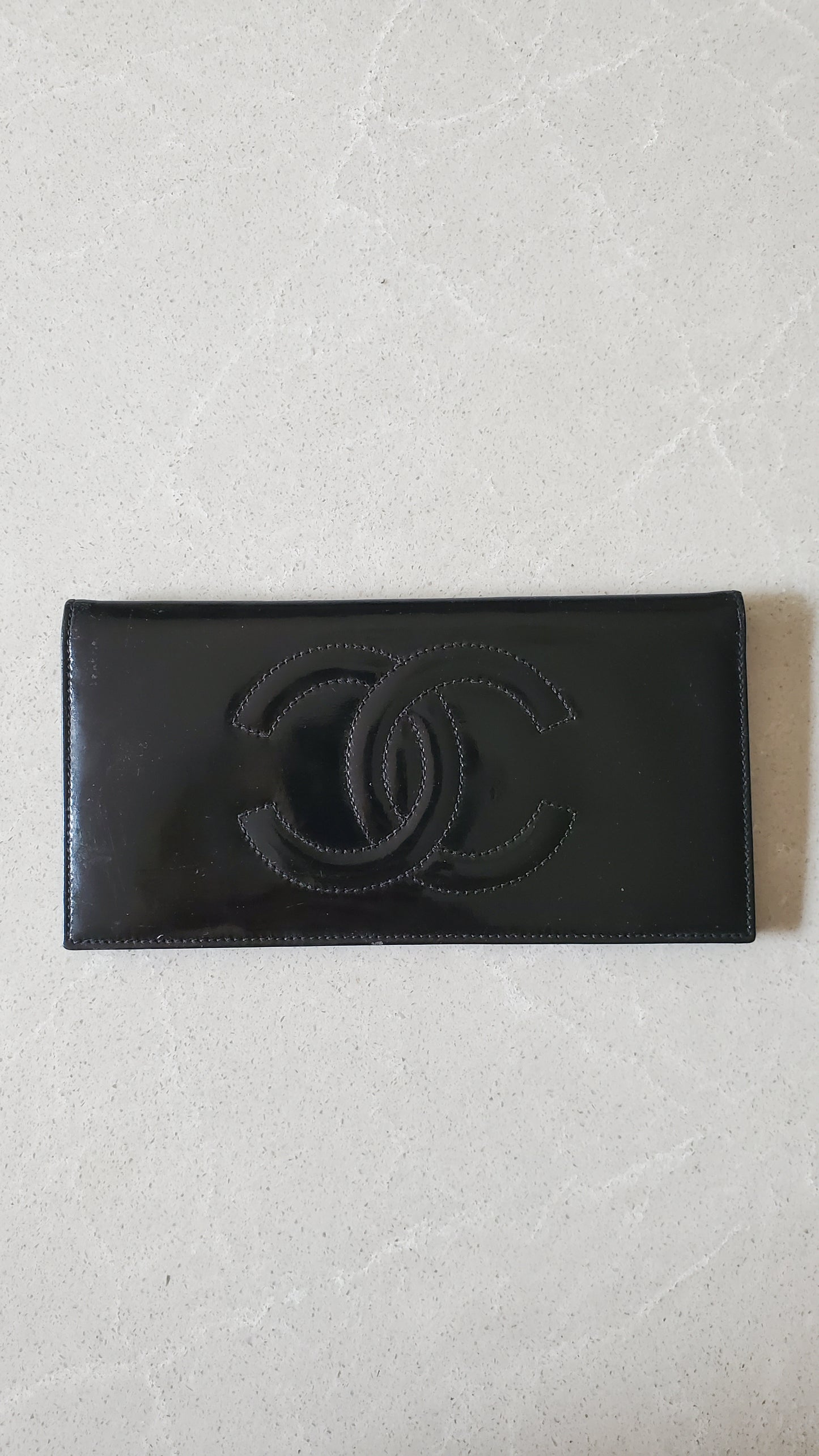 Authentic Chanel Black Patent Flat Flap Wallet