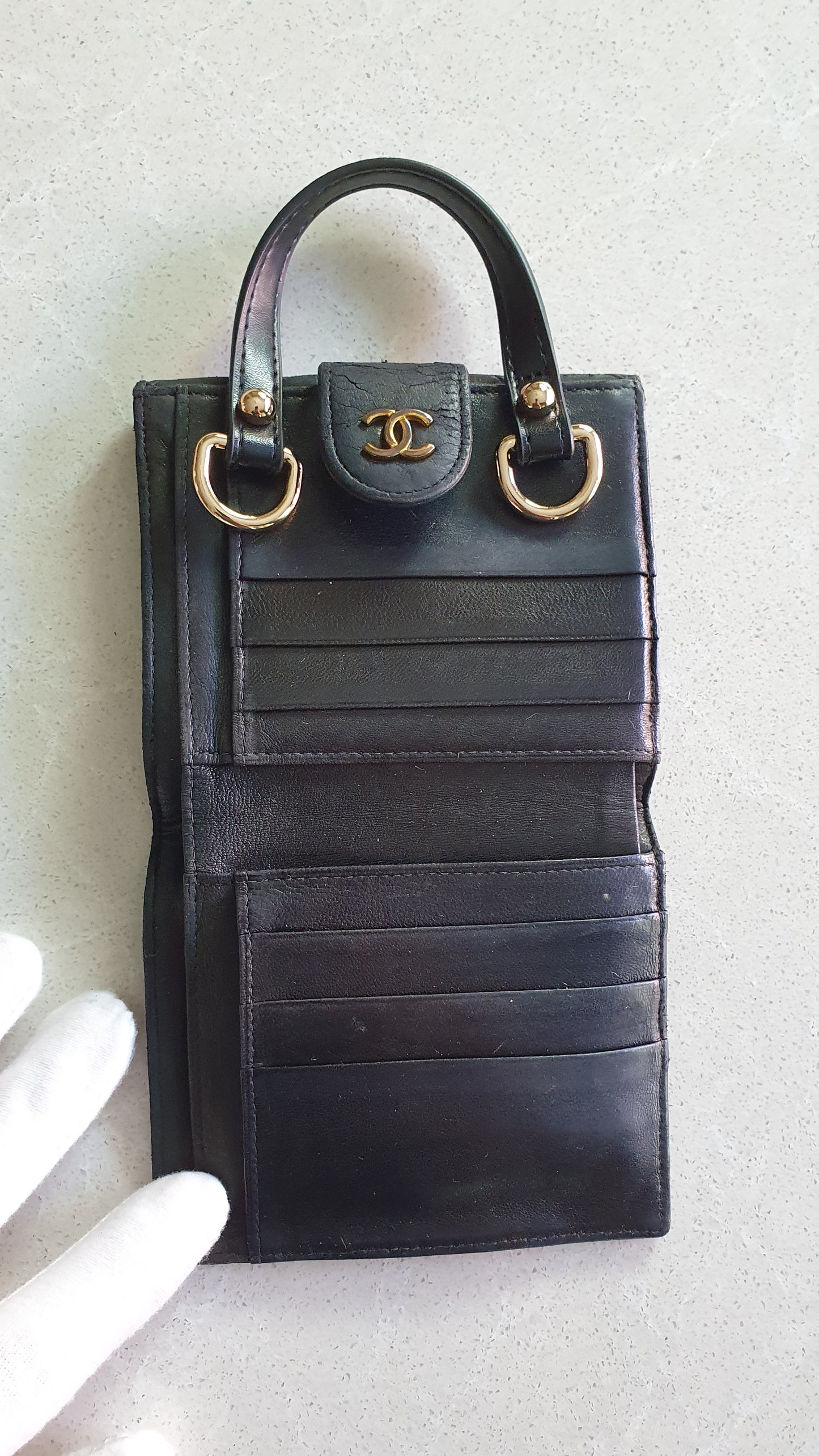 Authentic Chanel Upcycle Small Black Compact Wallet with Single Handle