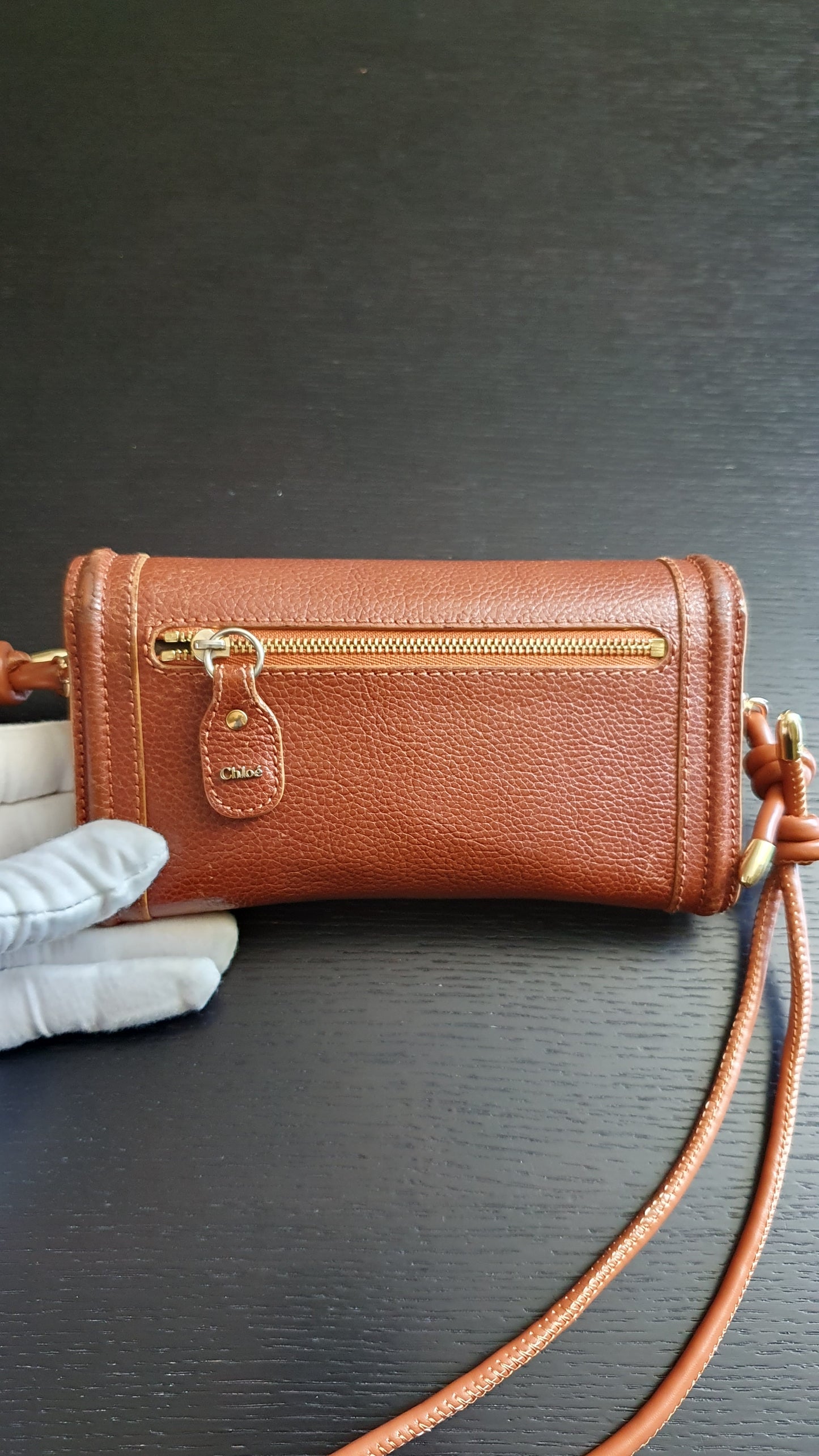 Authentic Chloe Upcycle Brown Leather Long Wallet with Strap