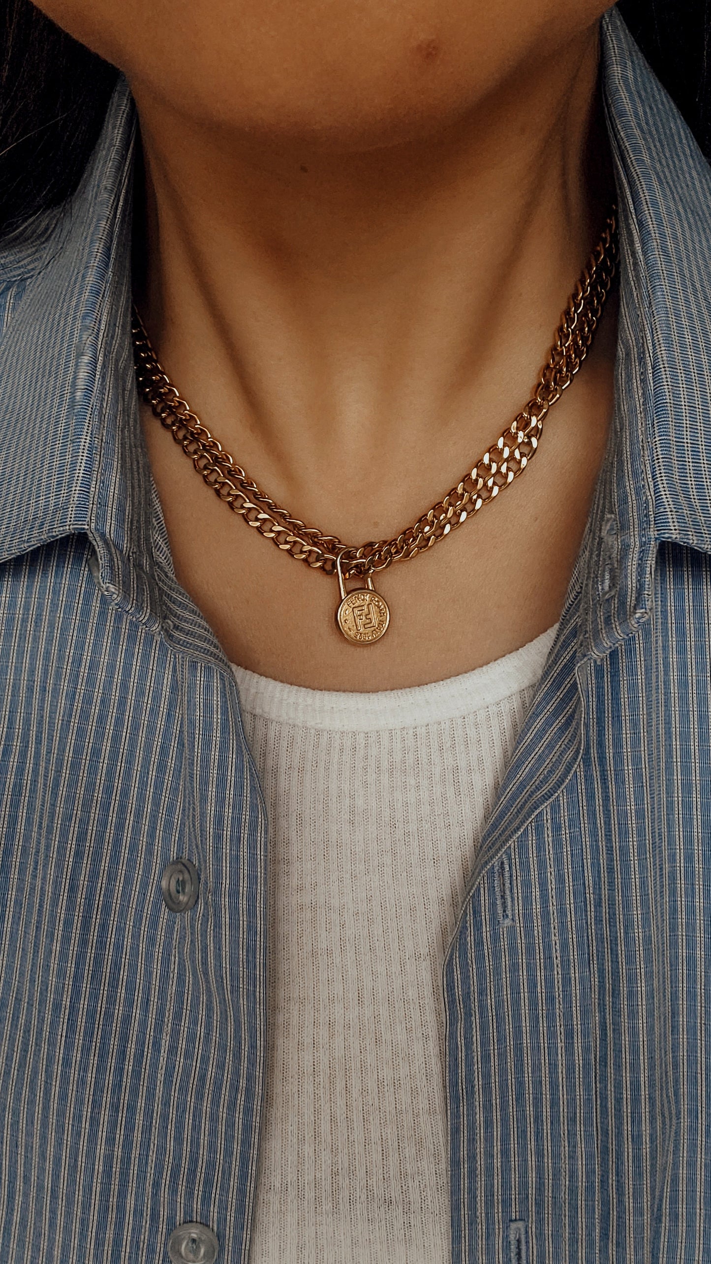 Authentic Vintage Fendi Upcycle Gold Cuban Chain Layers Necklace