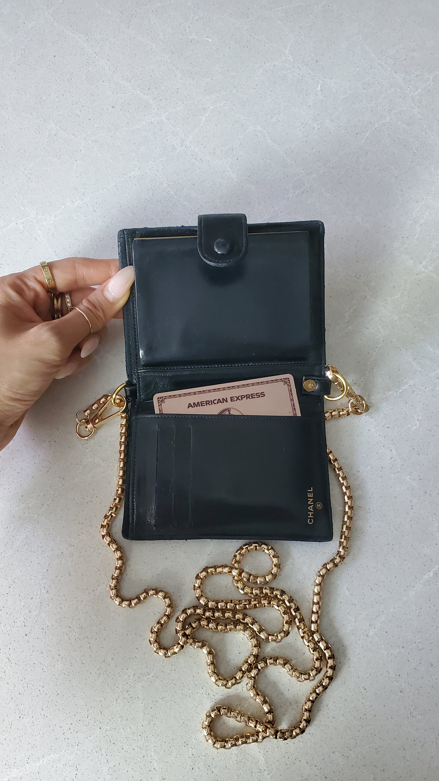 Authentic Chanel Upcycle Small Black Leather Wallet with Strap and Chain