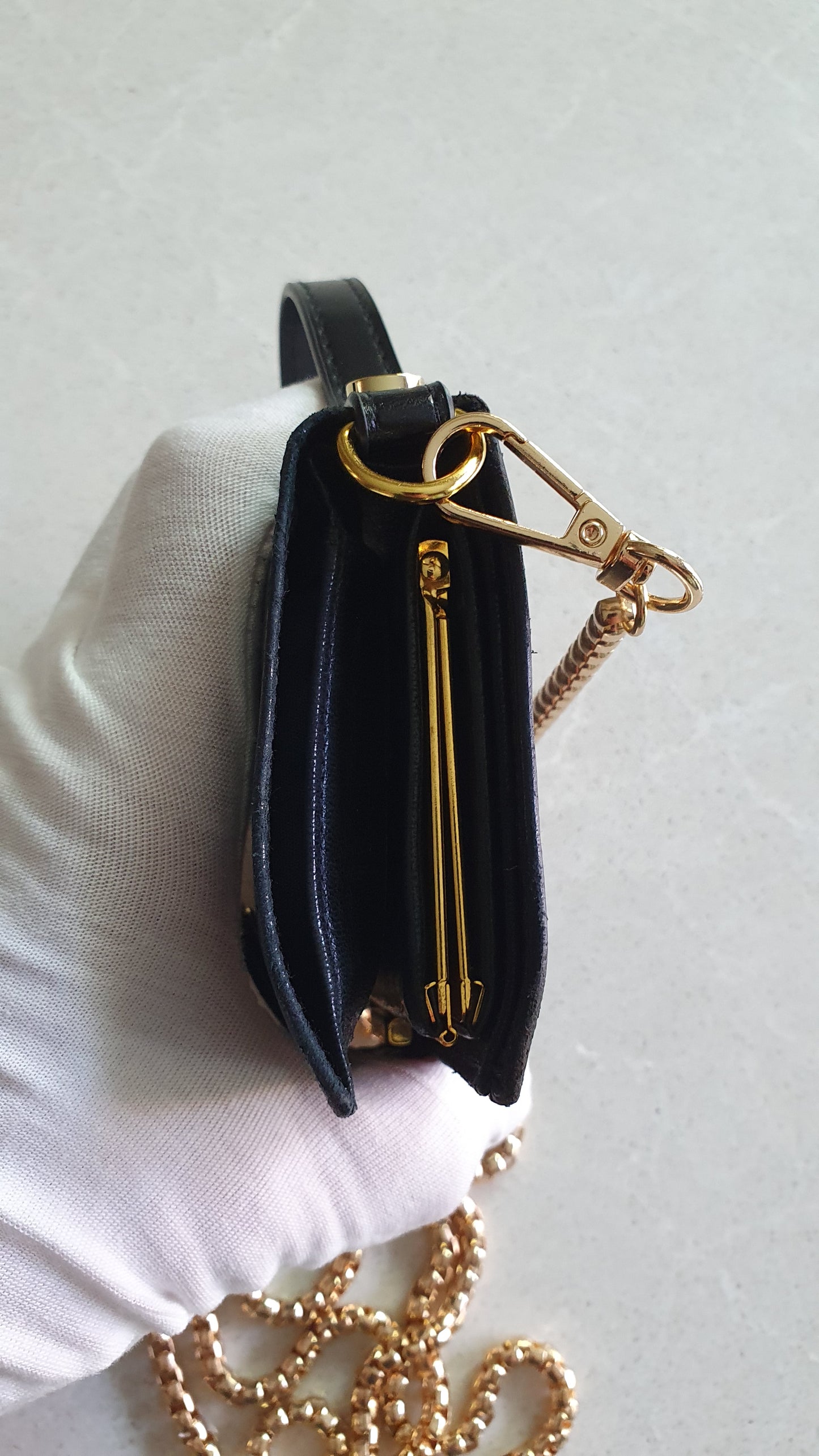 Authentic Chanel Upcycle Small Black Leather Wallet with Strap and Chain