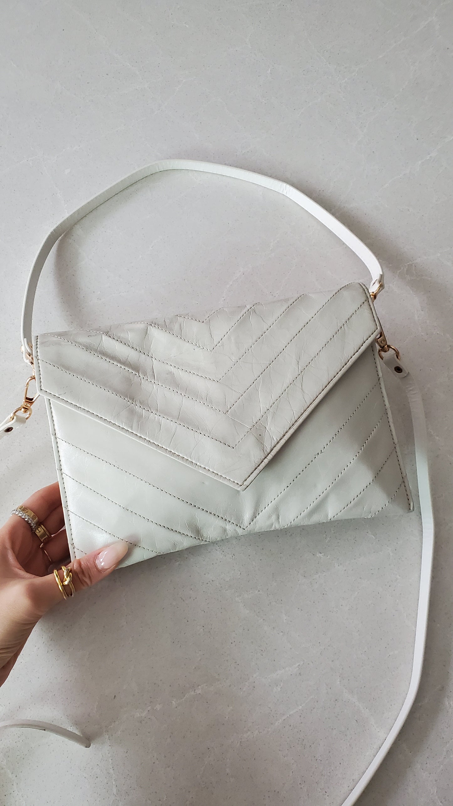 Authentic Vintage YSL Yves Saint Laurent Upcycle White Leather Multi Compartments Purse with Straps