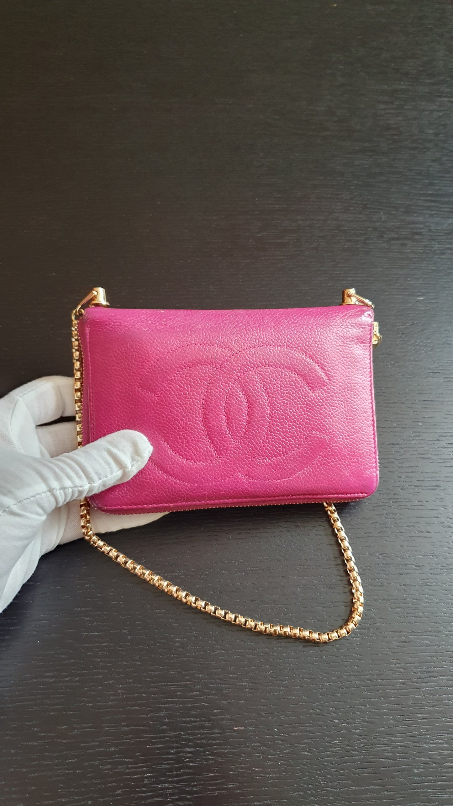 Authentic Chanel Upcycle Pink Caviar Zip Wallet with Shoulder Chain