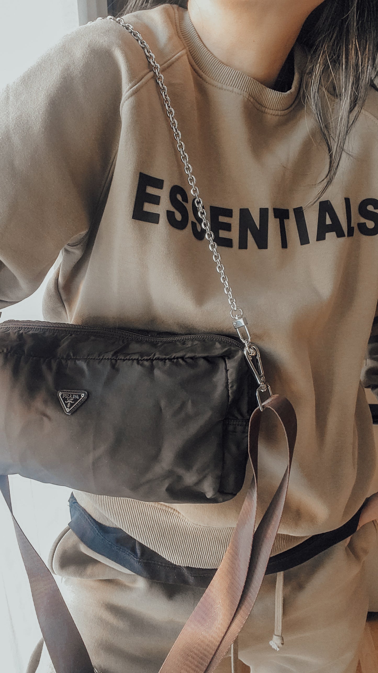 Authentic Prada (Dark Green/ Brown) Upcycle Large Nylon Pouch with Chain & Strap