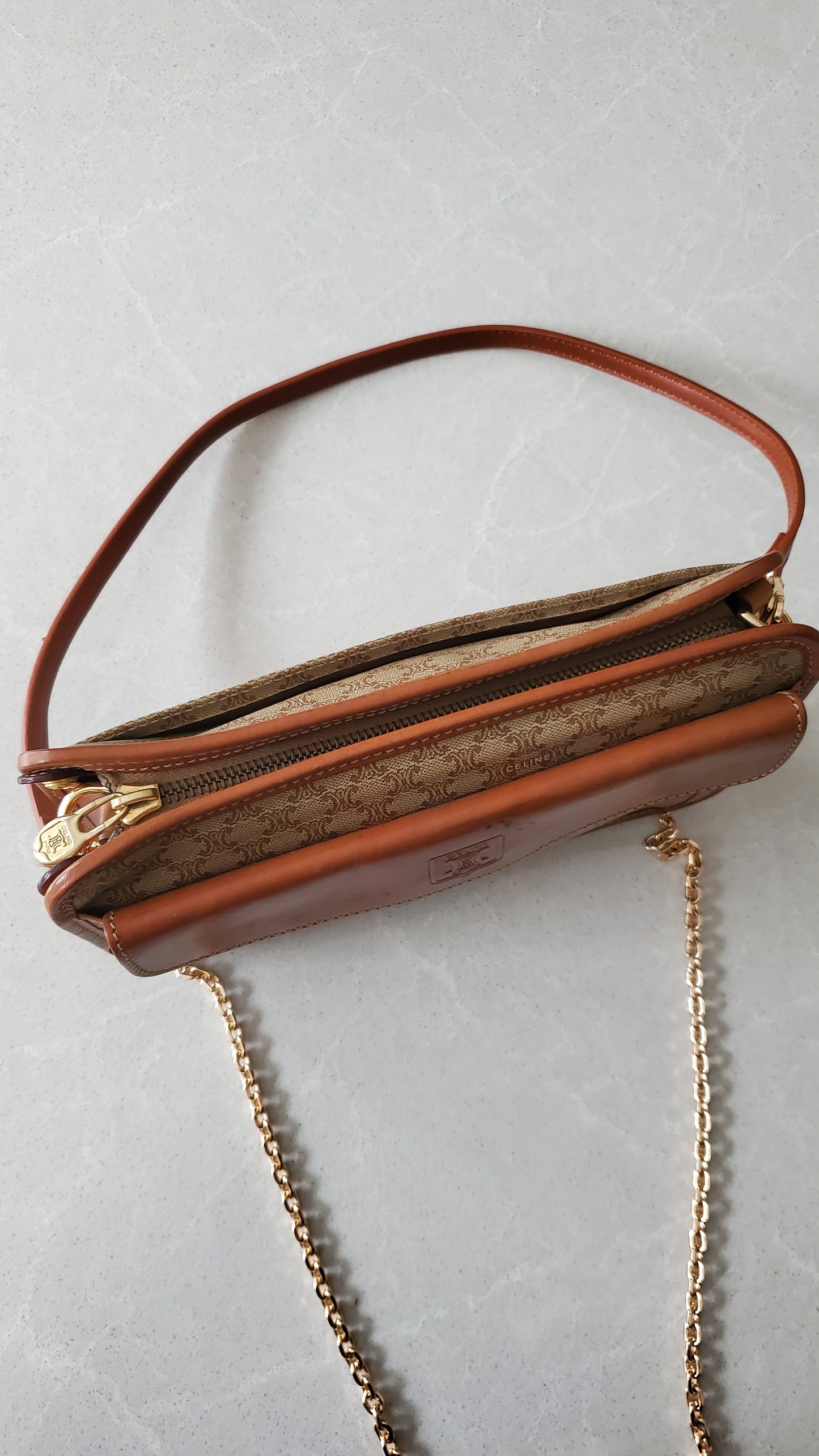 Authentic Vintage Celine Upcycle Tan Purse with Strap & Chain