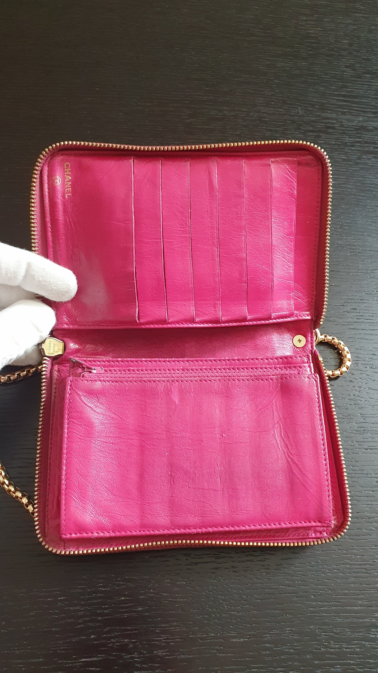 Authentic Chanel Upcycle Pink Caviar Zip Wallet with Shoulder Chain