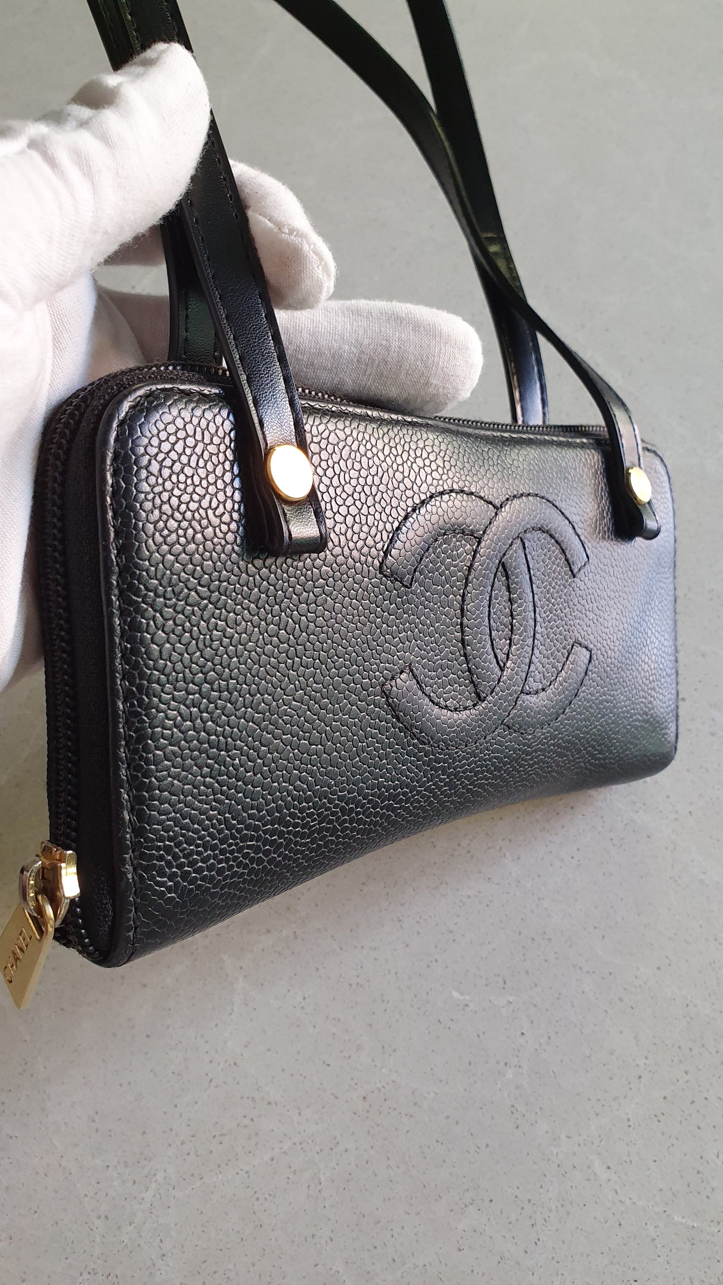 Authentic Chanel Upcycle Black Caviar Wallet with Shoulder Straps