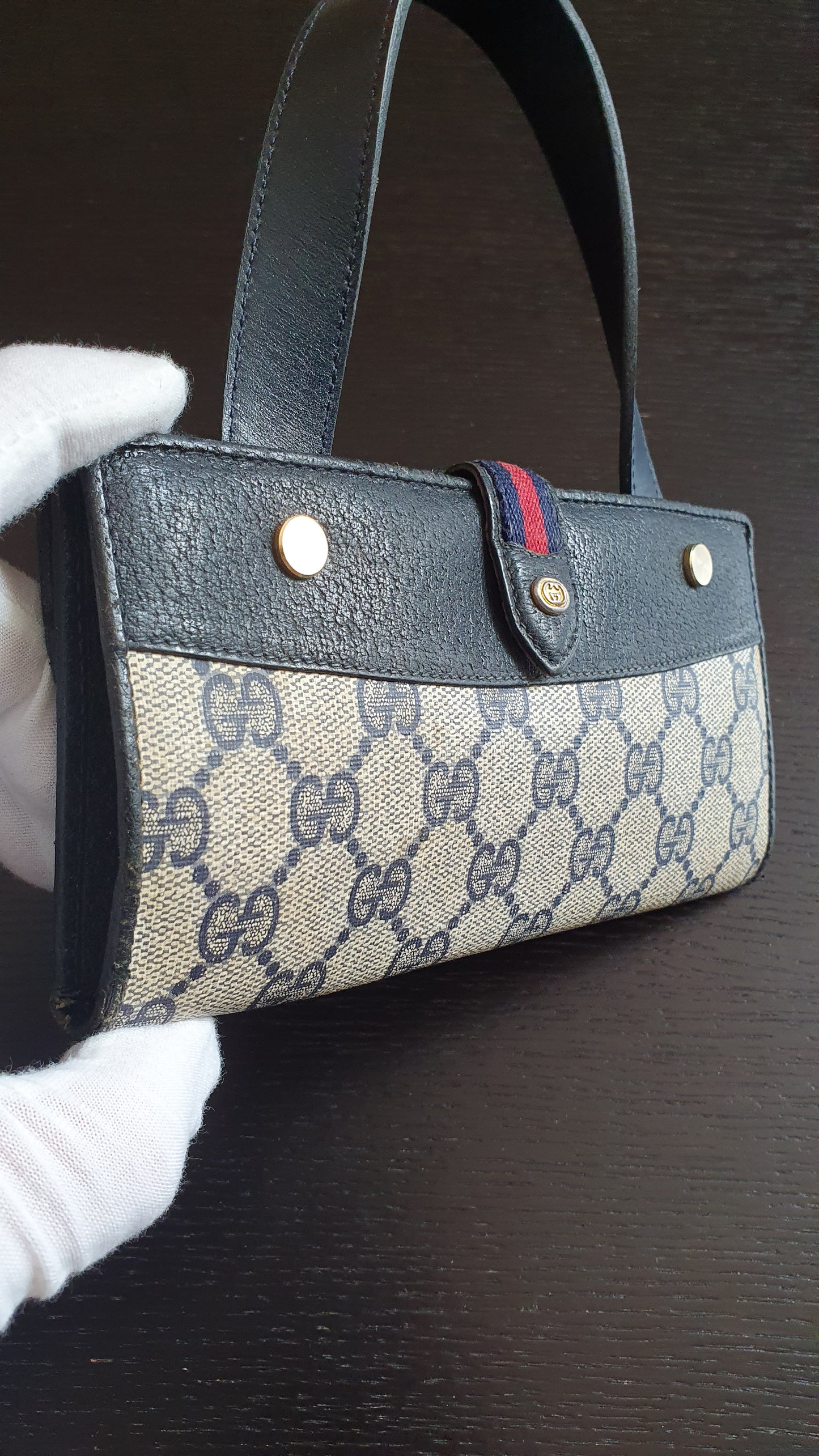 Authentic Vintage Gucci Upcycle Navy Wallet with Single Strap