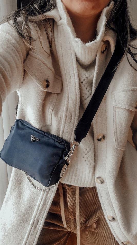 Authentic Prada Upcycle (Dark Navy) Nylon Pouch on Chain & Strap