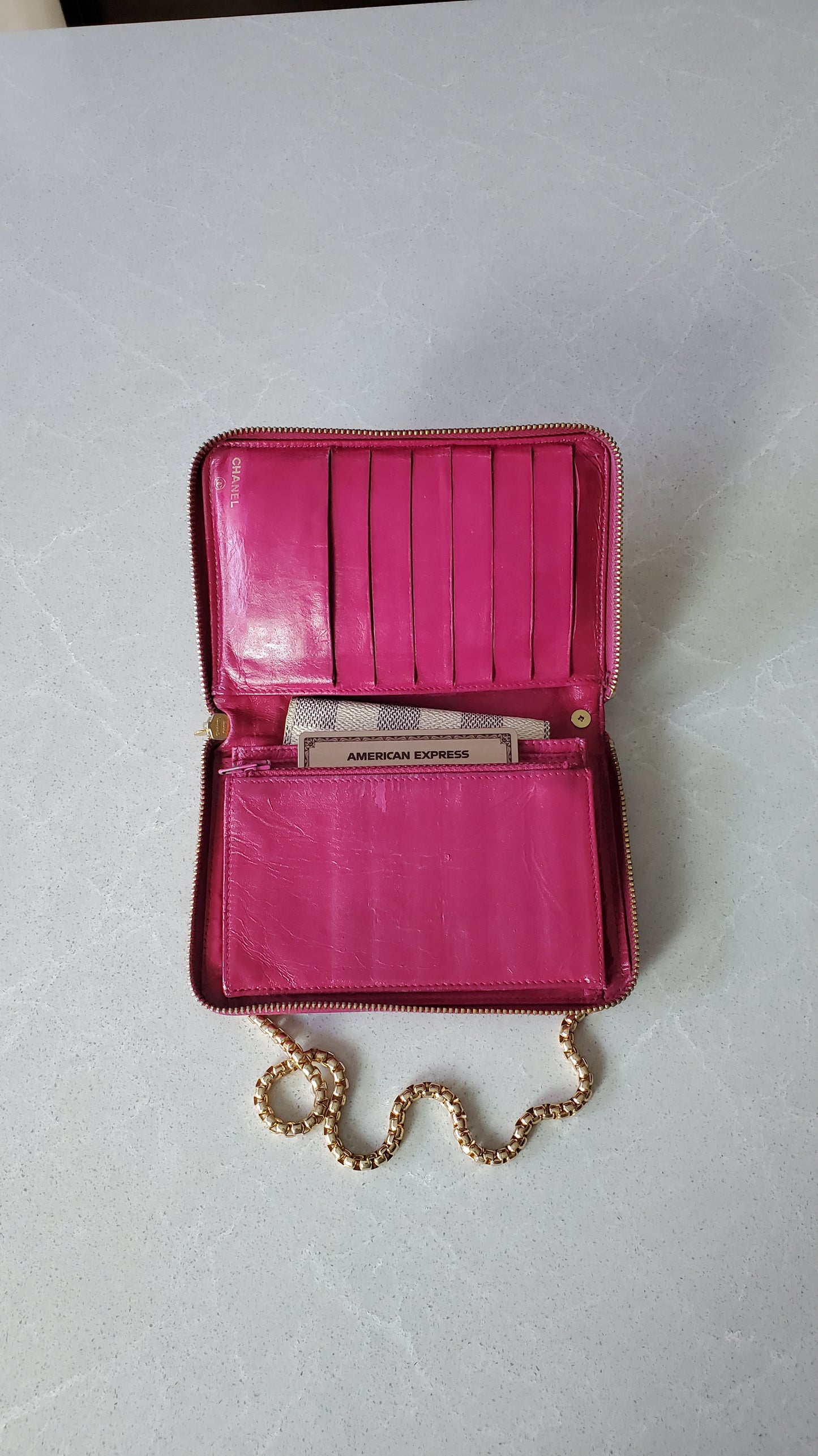 Authentic Chanel Upcycle Pink Caviar Zip Wallet with Shoulder Chain