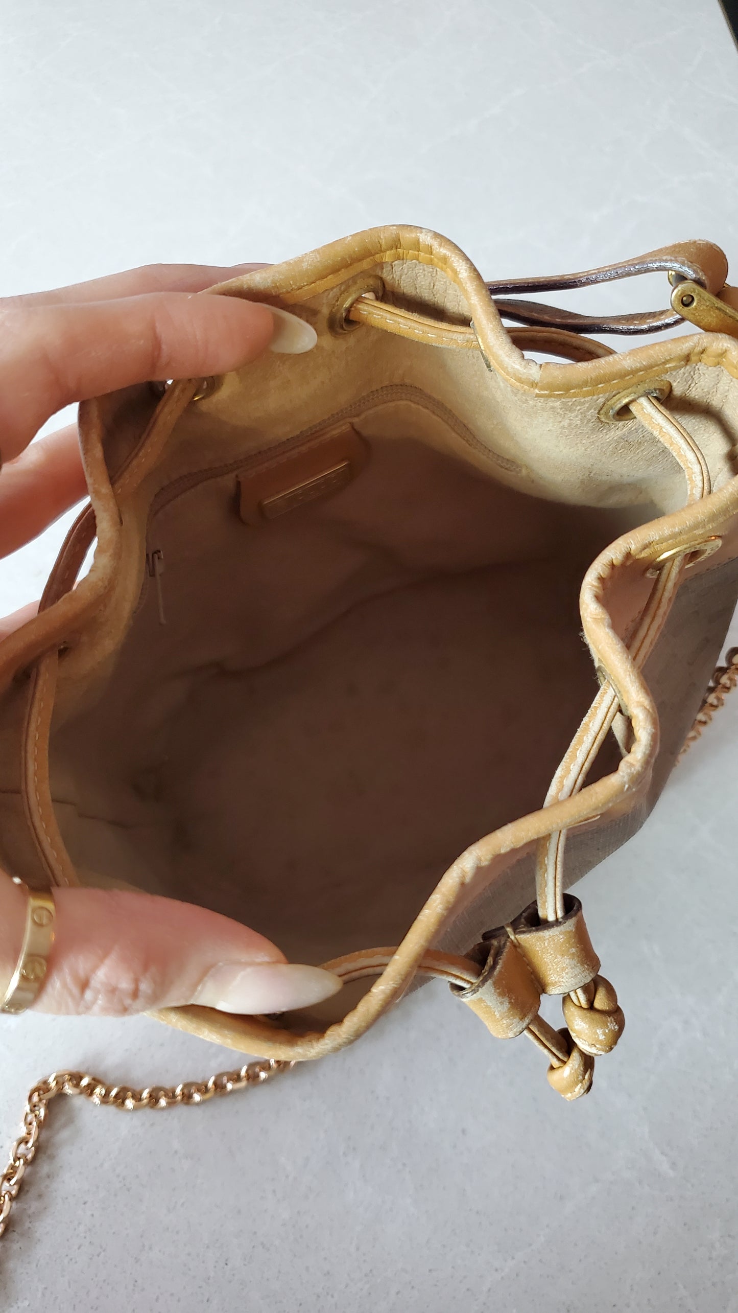 Authentic Vintage Gucci Small Tan Bucket Bag with Chain